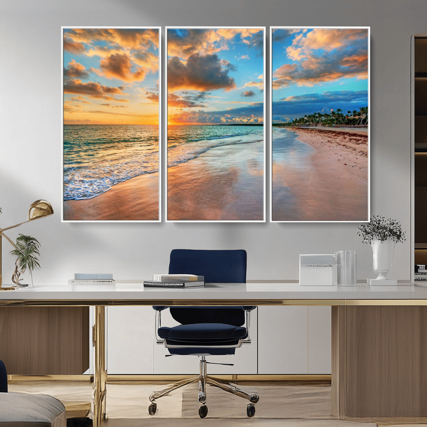 MGV-FC-48X32-3P - Sunset Ocean Waves on Tropical Beach, 3-Panel Giclee Canvas Art for Coastal Home Decor, Vibrant Palm-Lined Shore
