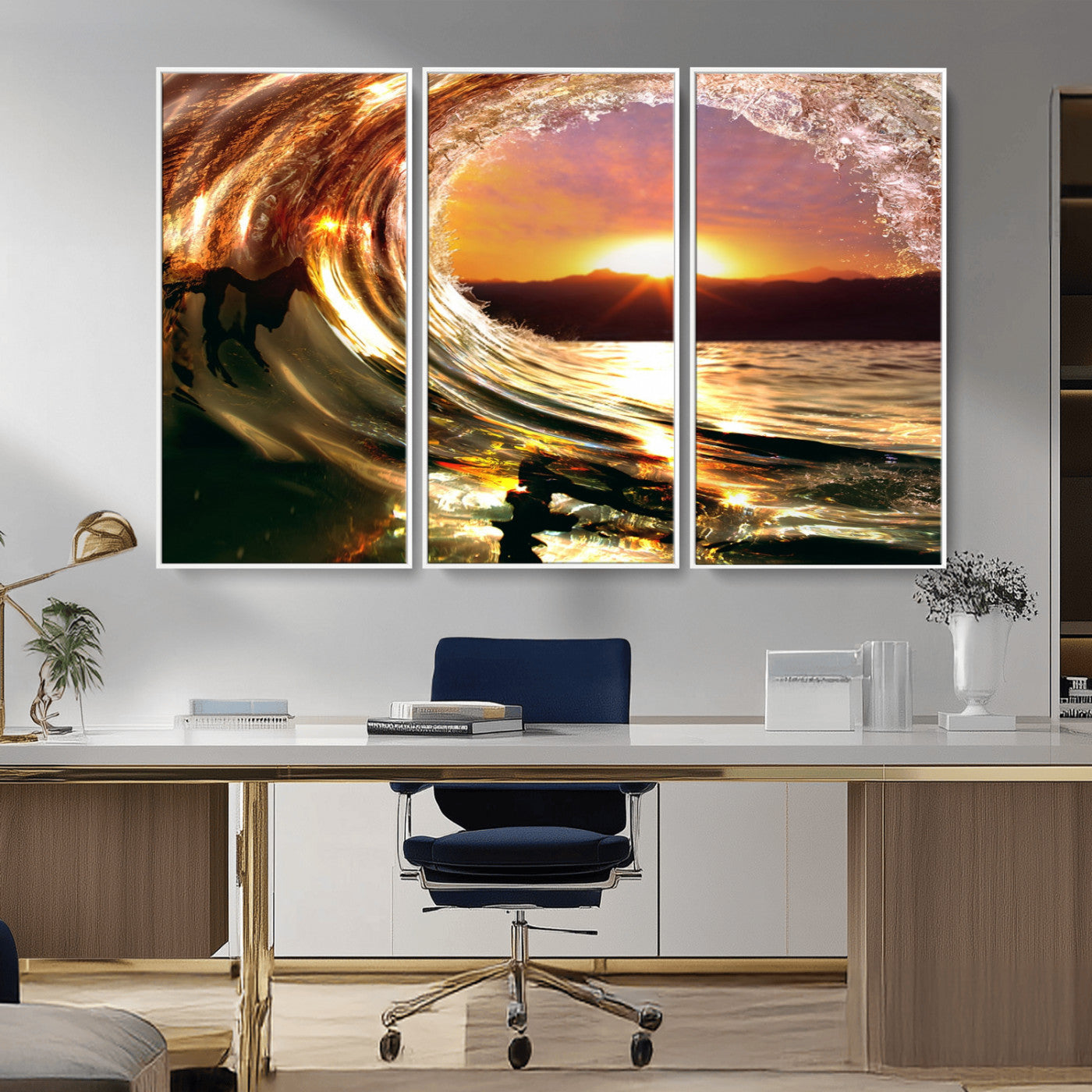MGV-FC-48X32-3P - Golden Wave Sunset Triptych Canvas Art, Giclee Canvas Print of Ocean Wave and Sunset, Framed Ocean