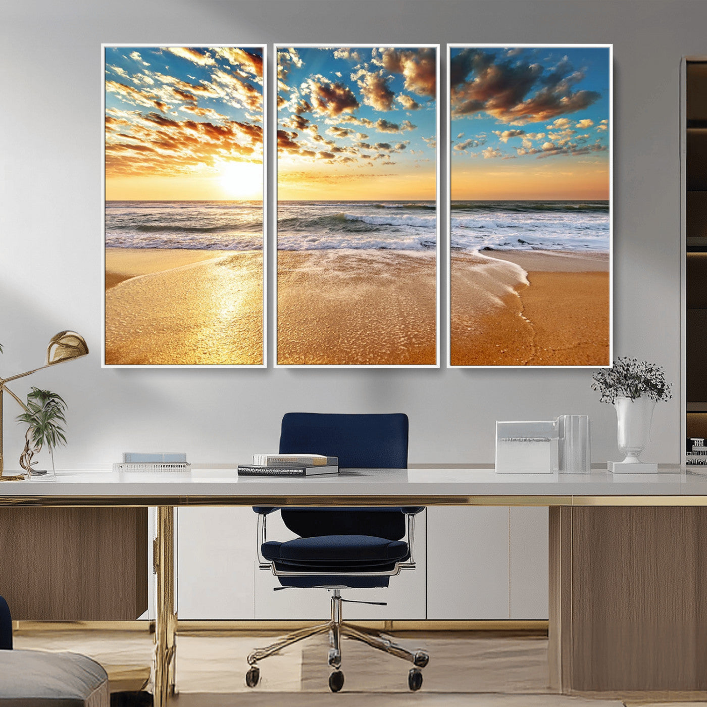 MGV-FC-48X32-3P - Golden Sunset Beach Print Canvas Wall Art, Giclee Canvas Print with Canon Print Quality, Triptych