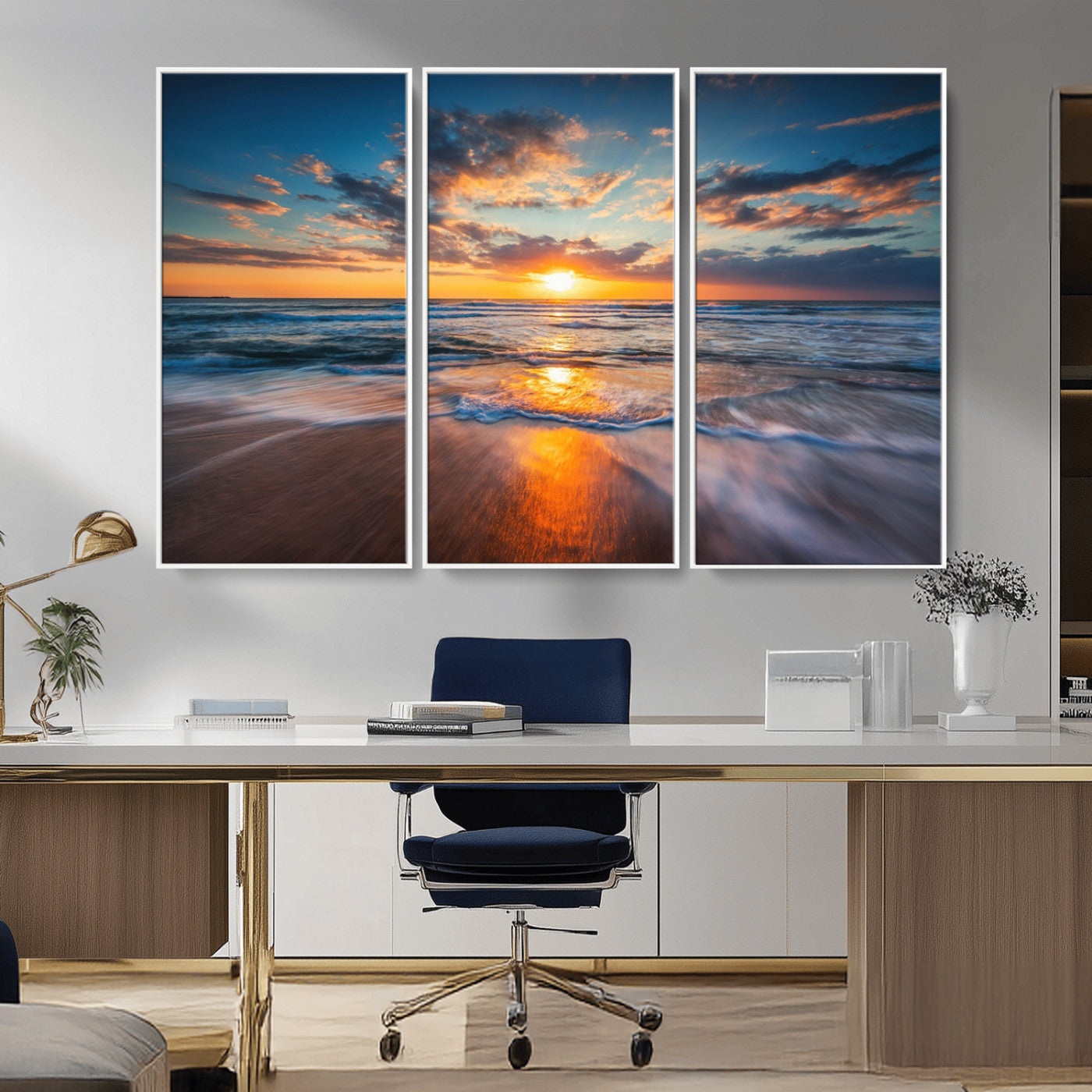 MGV-FC-48X32-3P - Sunset on the Ocean Beach with Waves, Reflections on Sand, Coastal Wall Art Print, Beach Wall Art,