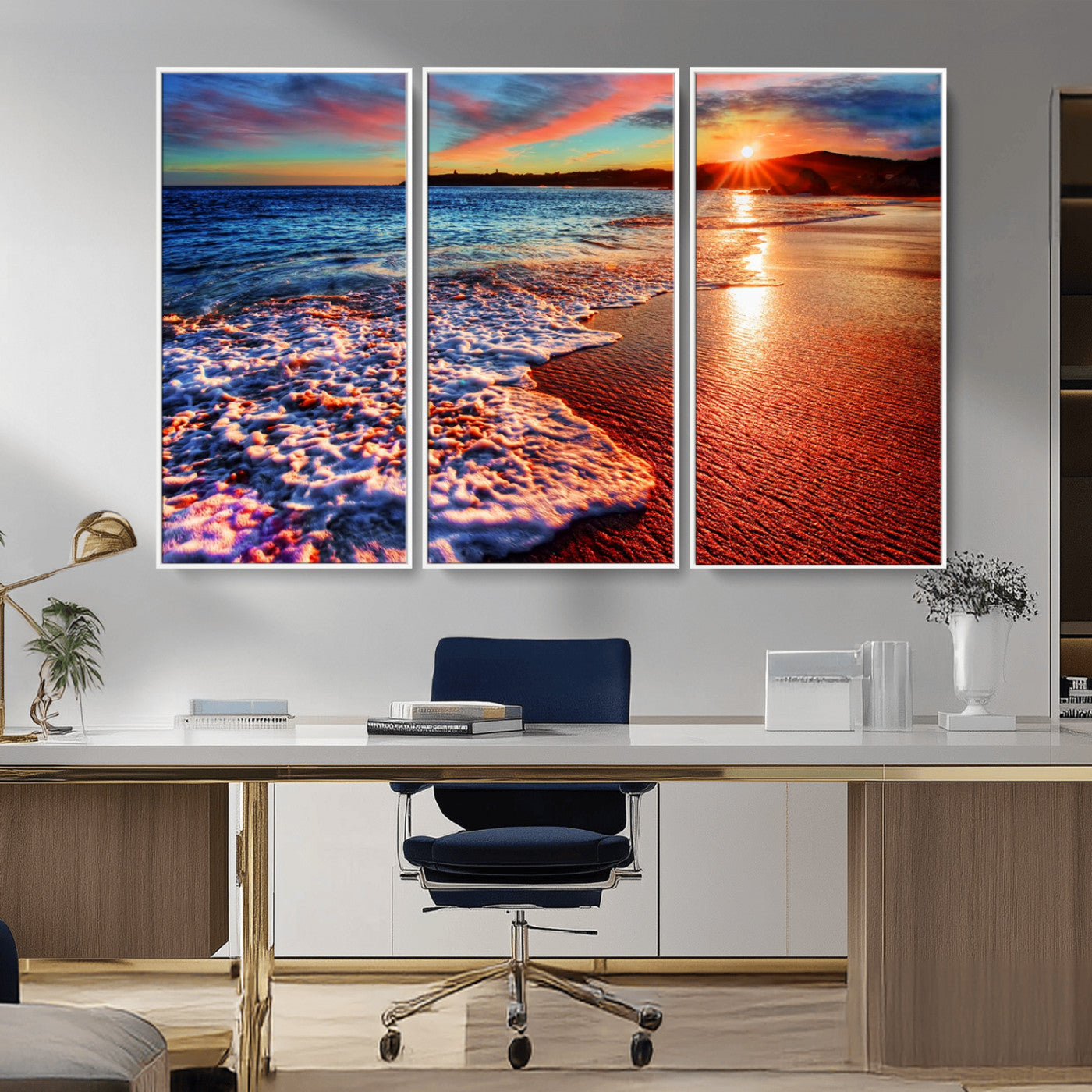 MGV-FC-48X32-3P - Colorful Coastal Sunset on the Beach Canvas Print, Ocean Waves Crashing at Dusk, Multi-Panel Seascape Vibrant Coastal Wall Art Canvas Print