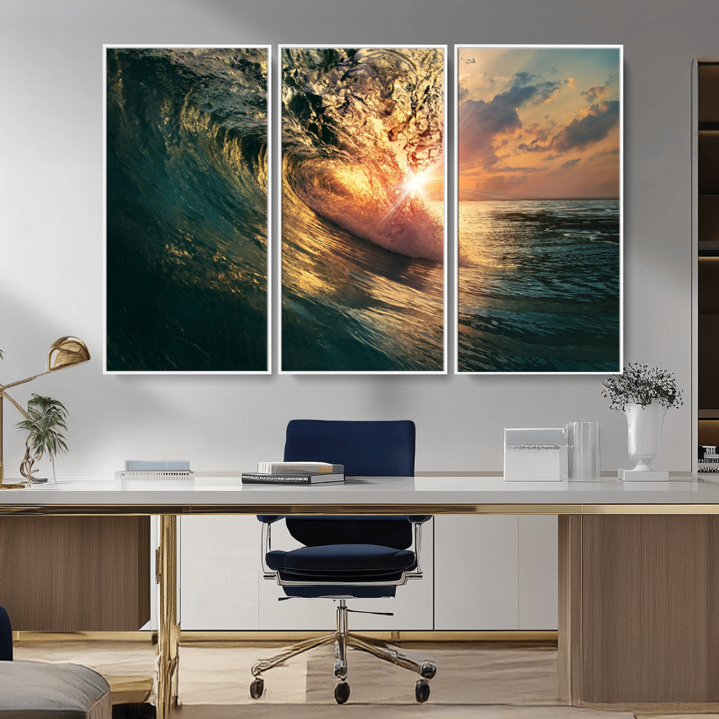 MGV-FC-48X32-3P - Ocean Wave Sunset Canvas Wall Art – Triptych Seascape Print – Framed and Ready to Hang for Living Room or Office