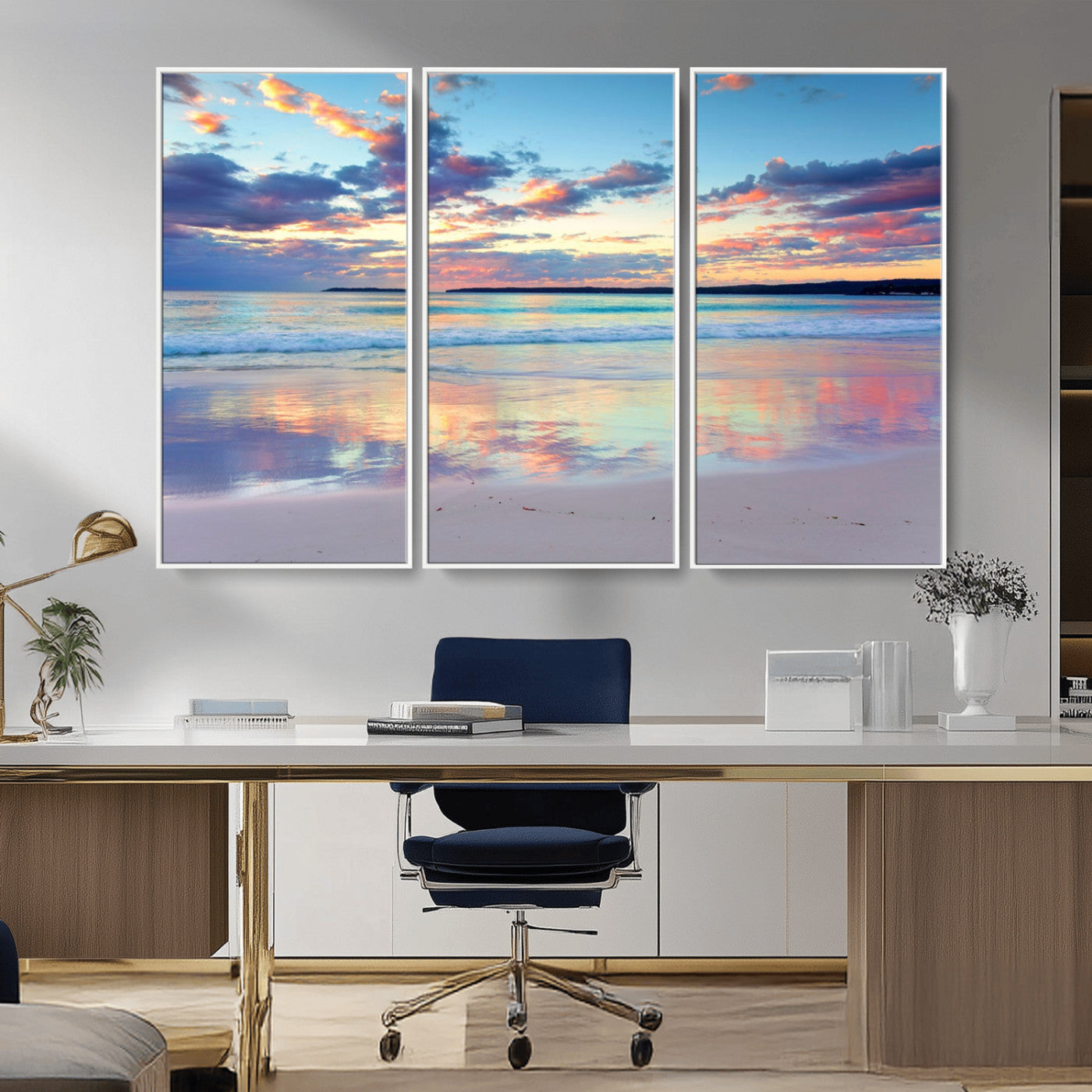 MGV-FC-48X32-3P - Tranquil Pastel Sunset Beach Triptych Canvas Art, Soothing Coastal Ocean Shoreline Giclee Print, Beach Reflections Wall Decor for Serene Spaces