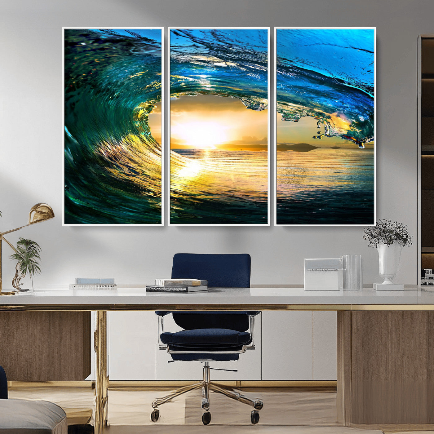 MGV-FC-48X32-3P - Ocean Wave at Sunset Canvas Art, Large Wall Print of Vibrant Water Waves, Coastal Art for Living Room and Dining Room