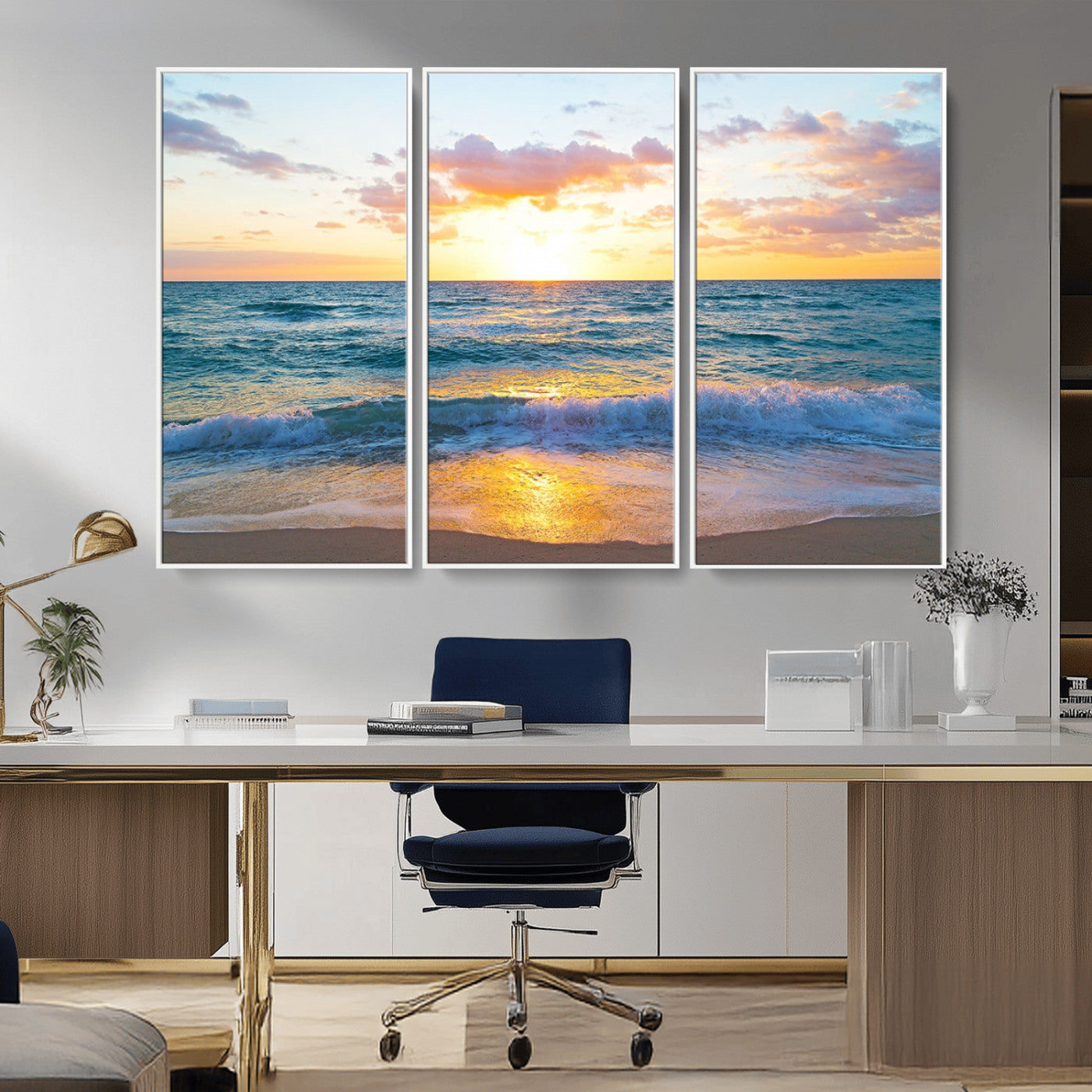 MGV-FC-48X32-3P - Ocean Sunset Triptych Canvas Wall Art, Giclee Beach Sunset Print with Gentle Waves, Coastal Art for Relaxation Spaces