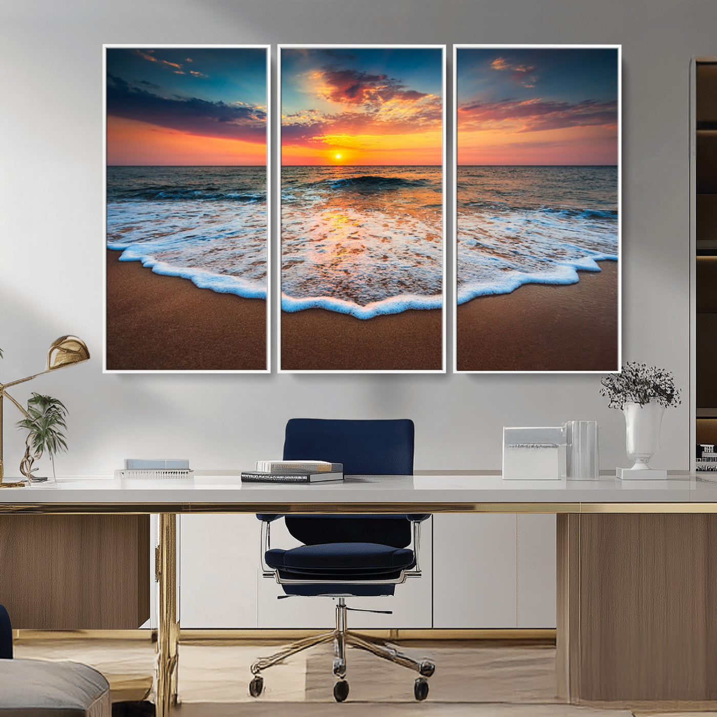 MGV-FC-48X32-3P - Sunset Beach Canvas Wall Art – Colorful Ocean Waves Triptych – Coastal Decor for Living Room or Bedroom – Framed and Ready to Hang