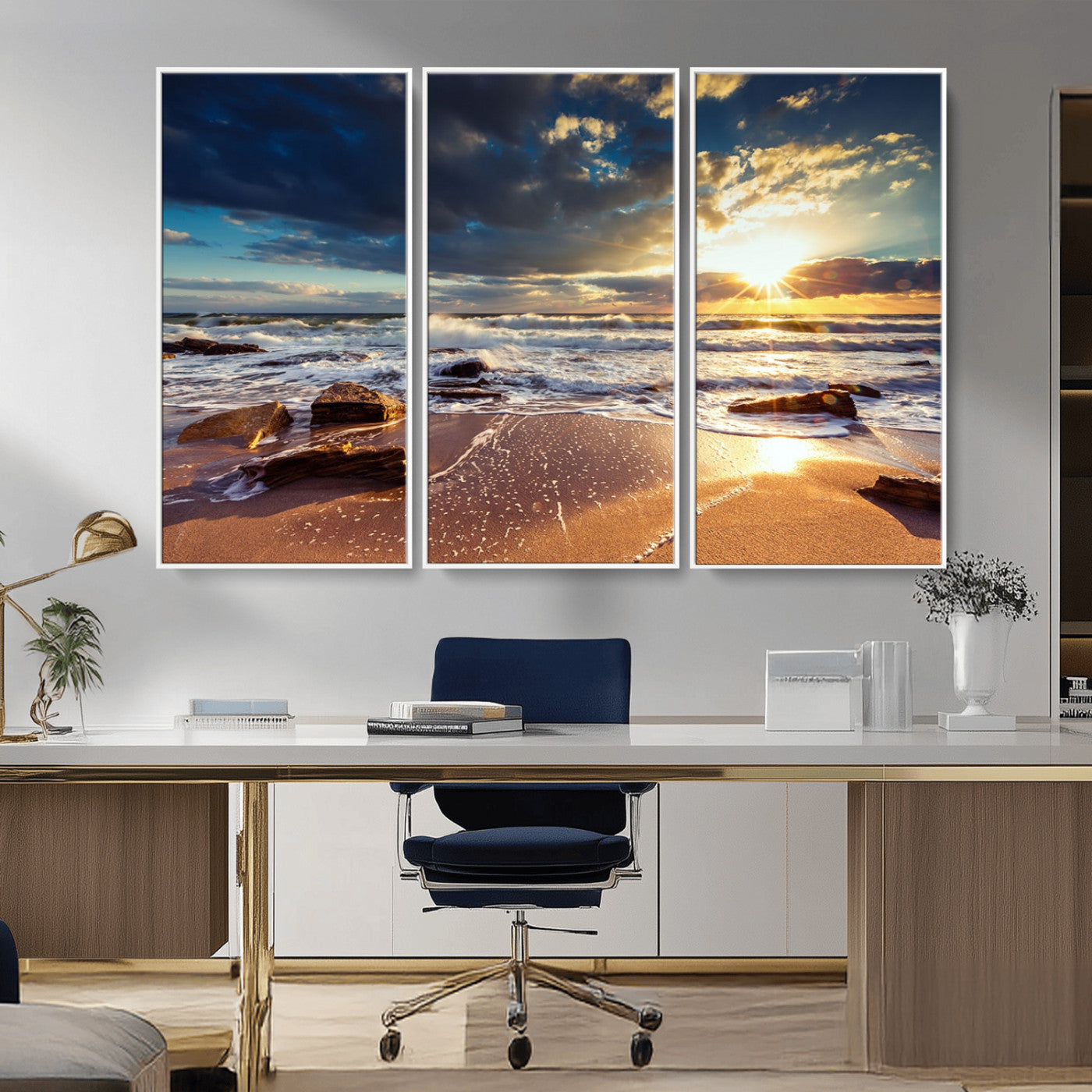 MGV-FC-48X32-3P - Golden Hour Beach Sunset Canvas Triptych, Ocean Waves and Rocks Wall Art for Coastal Home Decor