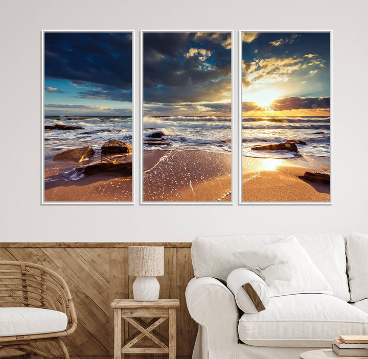 The Golden Hour Beach Sunset triptych adorns the wall with its captivating imagery.