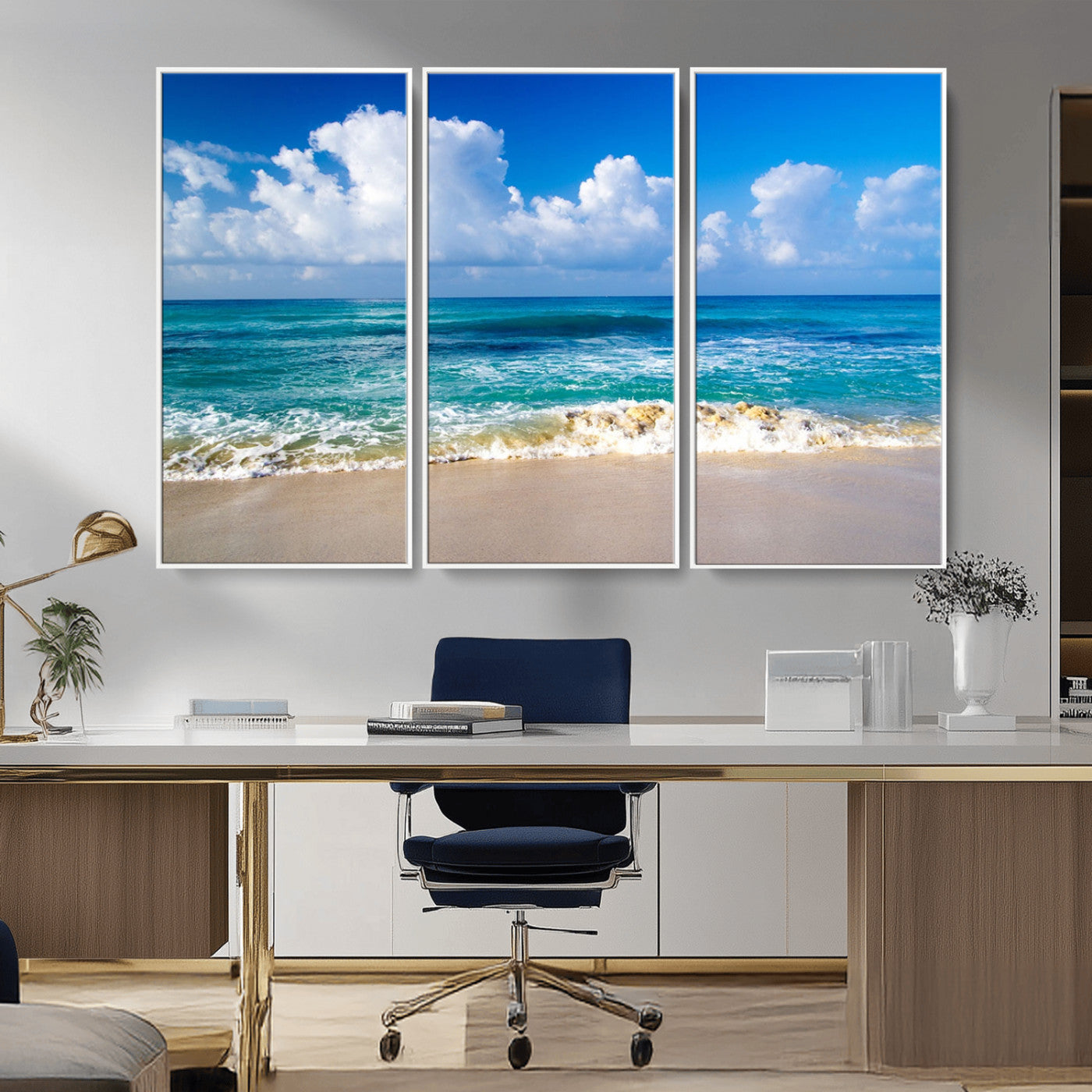 MGV-FC-48X32-3P - Tropical Beach 3-Panel Canvas Wall Art – Serene Ocean Waves and Blue Sky – Giclée Print for Living Room, Office, or Bedroom Coastal Decor