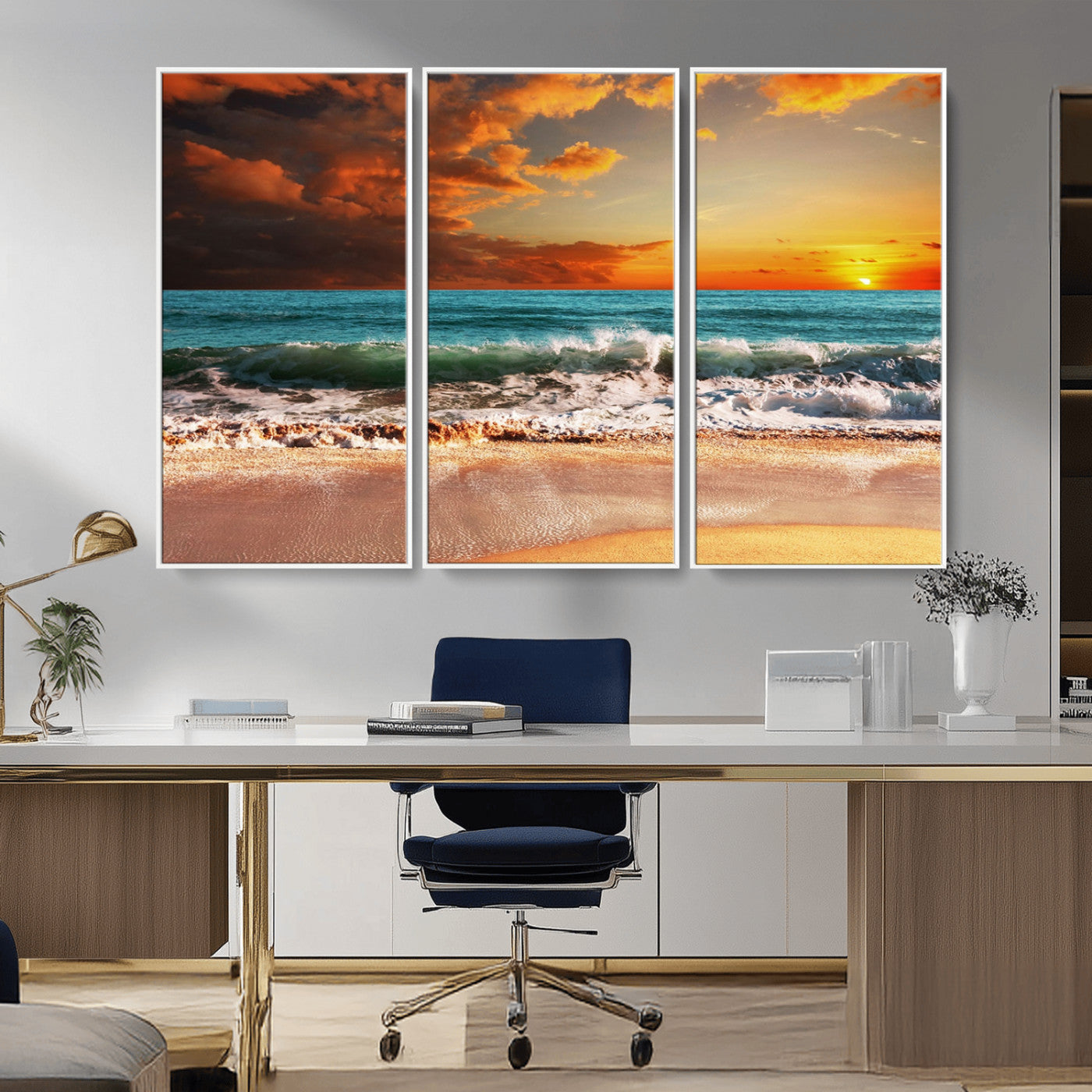 MGV-FC-48X32-3P - Golden Sunset Beach Canvas Wall Art – Triptych Seascape Print – Framed and Ready to Hang for Living Room or Office