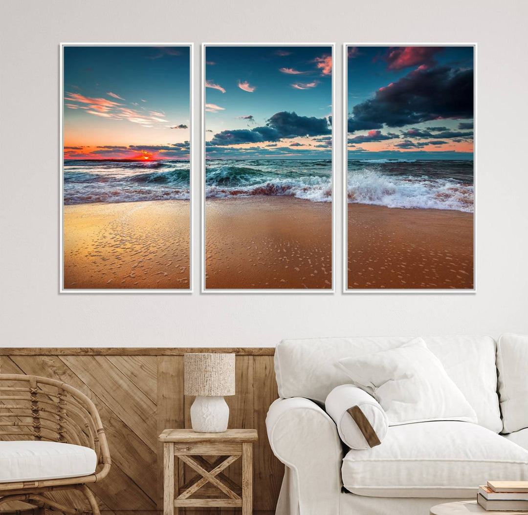 Sunset on Beach Wall Art: Waves under a vibrant sky. Crafted on museum-quality canvas, ready to hang and admire.