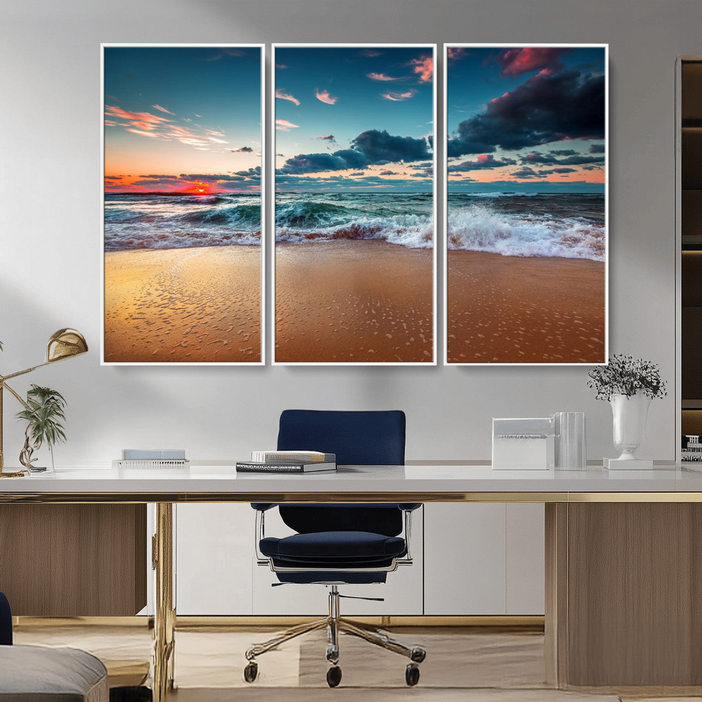 MGV-FC-48X32-3P - Sunset Ocean Beach Wall Art – Giclee Canvas Print, Coastal Seascape, Ready to Hang, Beach Decor, Large 3-Panel Set for Living Room