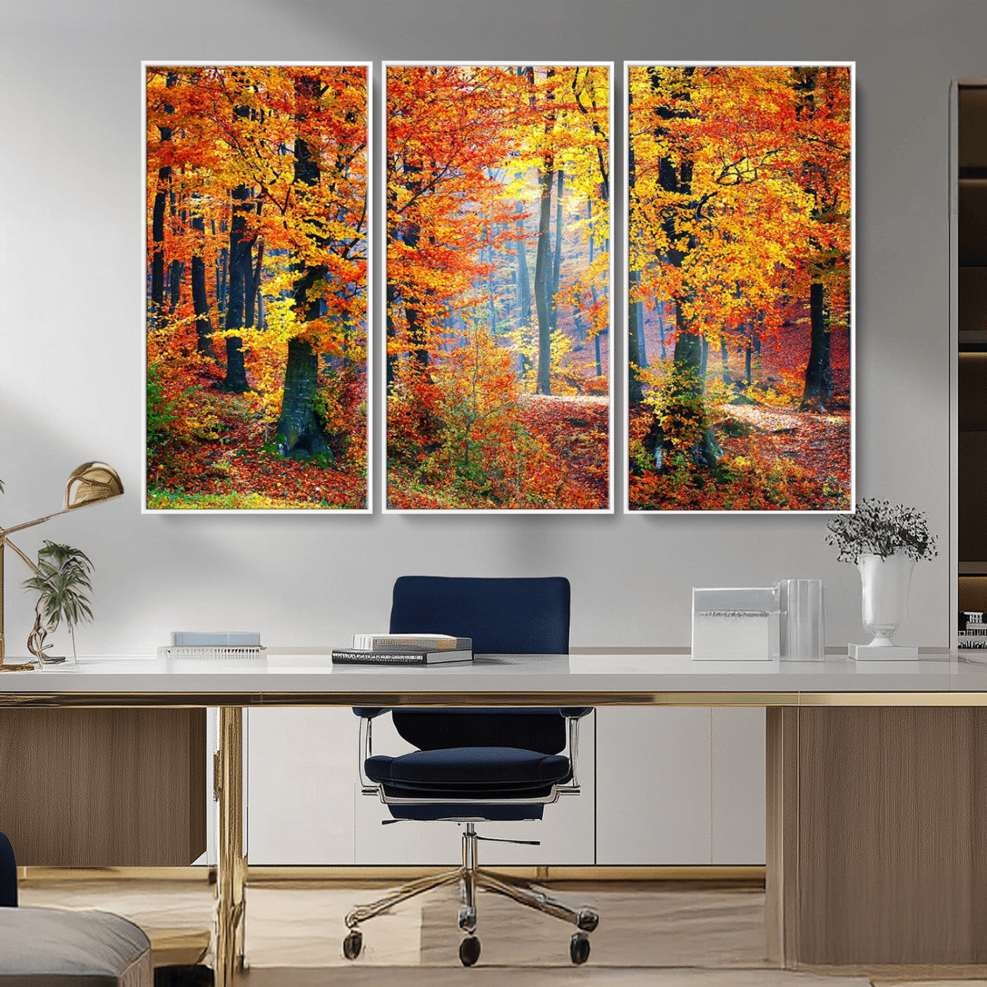 MGV-FC-48X32-3P - Autumn Red Forest Triptych Canvas Wall Art Print, Forest Wall Decor, Fall Landscape Art | Season Nature Landscape for Home or Office