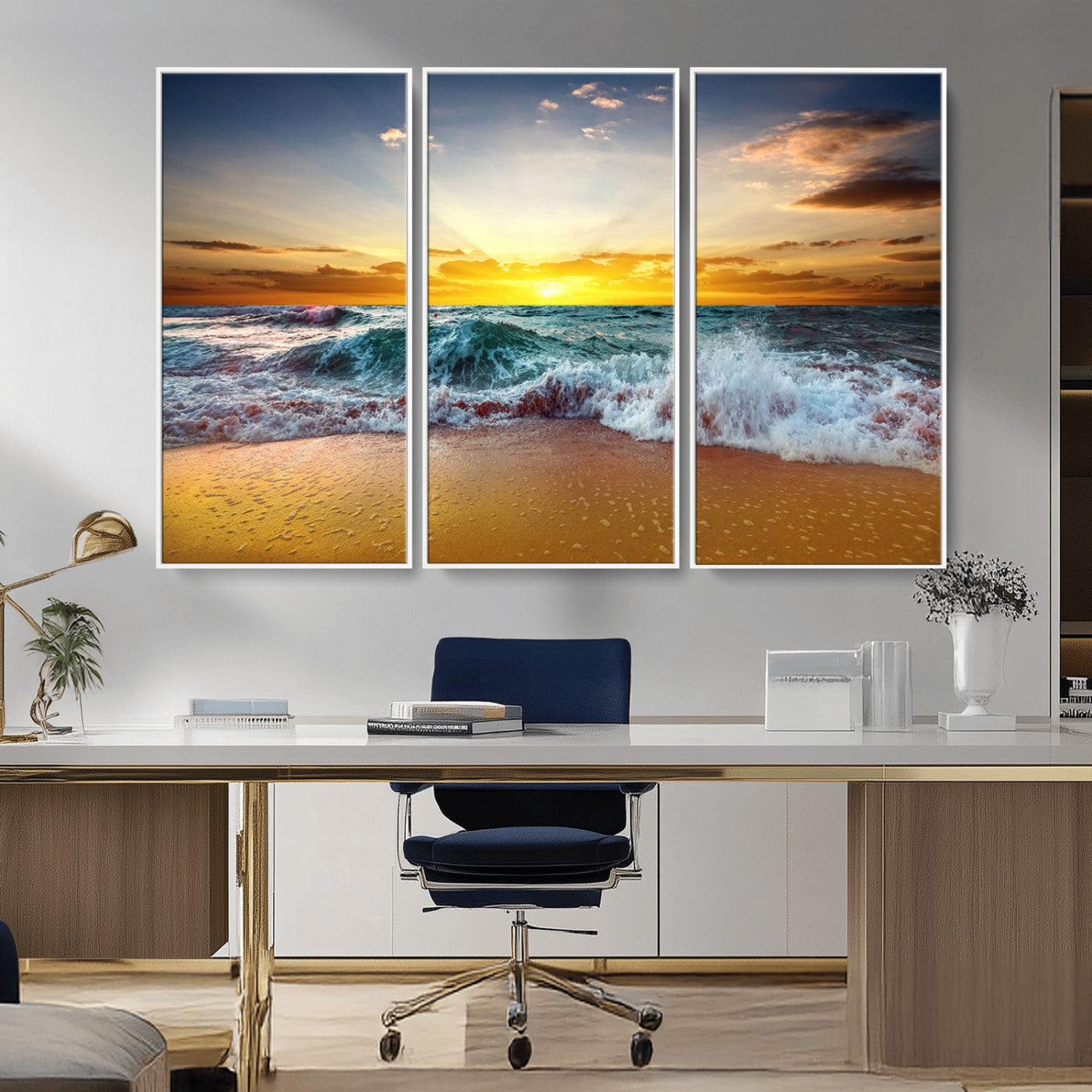 MGV-FC-48X32-3P - Golden Sunset Ocean Waves Wall Art Canvas Print – Multi Panel Beach Canvas Print Set – Large Coastal Triptych Print for Home or Farmhouse Decor