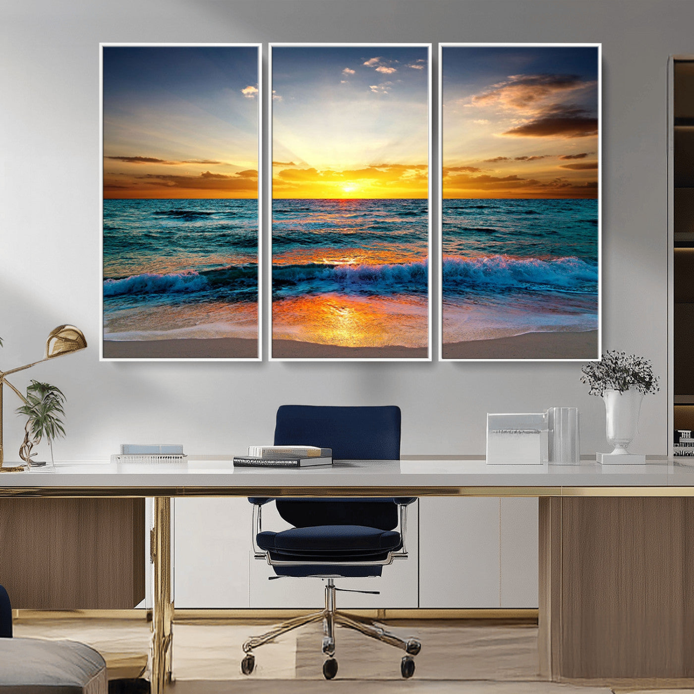 MGV-FC-48X32-3P - Vibrant Ocean Sunrise Over Golden Beach Waves, Giclee Canvas Wall Art Set, High-Quality Stretched Canvas Print, Ready to Hang Coastal Sunset Wall