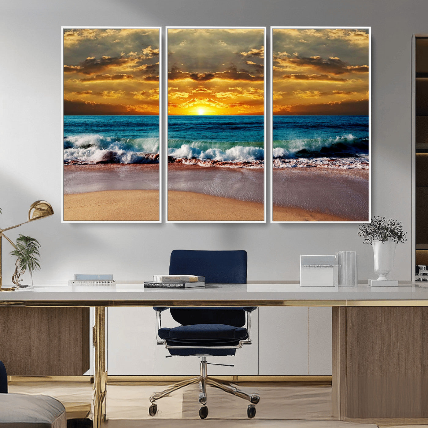 MGV-FC-48X32-3P - Ocean Sunrise Over Golden Beach Waves, Giclee Canvas Wall Art Set, High-Quality Stretched Canvas Print, Ready to Hang Coastal Sunset Wall Decor