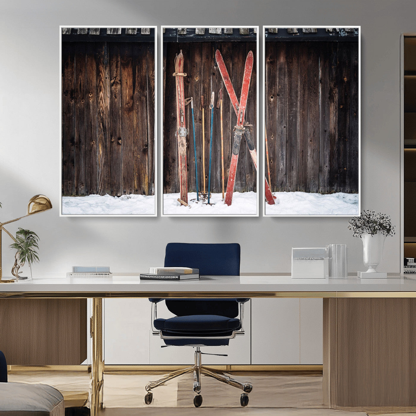 MGV-FC-48X32-3P - Vintage Ski Gear Against Wooden Cabin Wall, Rustic Winter Sports Equipment Canvas Print, Ready to Hang Wall Art, Perfect for Lodge or Ski Cabin Decor