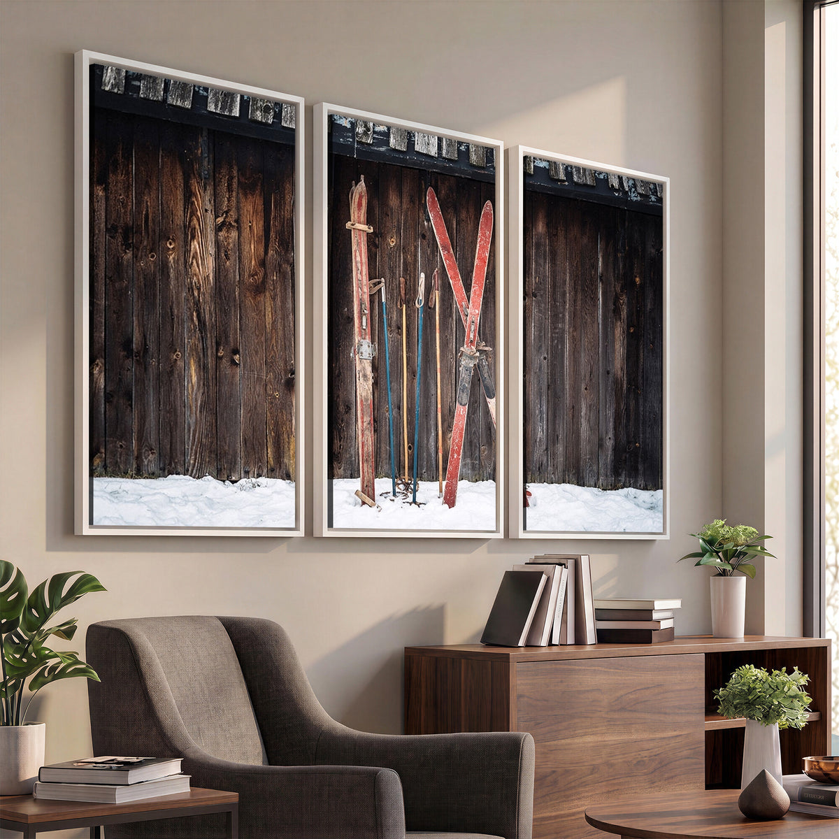 78590-MGV-CV-36X24 - Vintage Ski Gear Canvas Print, Vintage Ski Gear Against Wooden Cabin Wall