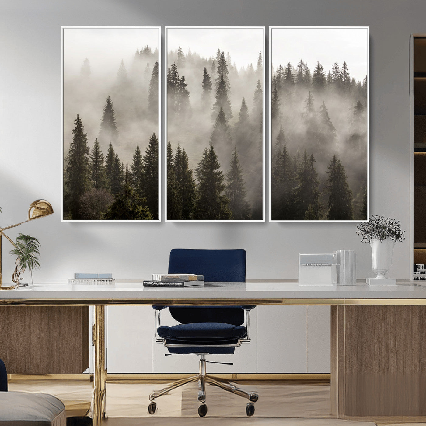 MGV-FC-48X32-3P - Foggy Mountain Wall Art | 3-Panel Foggy Forest and Mountain Landscape | Large Giclee Print for