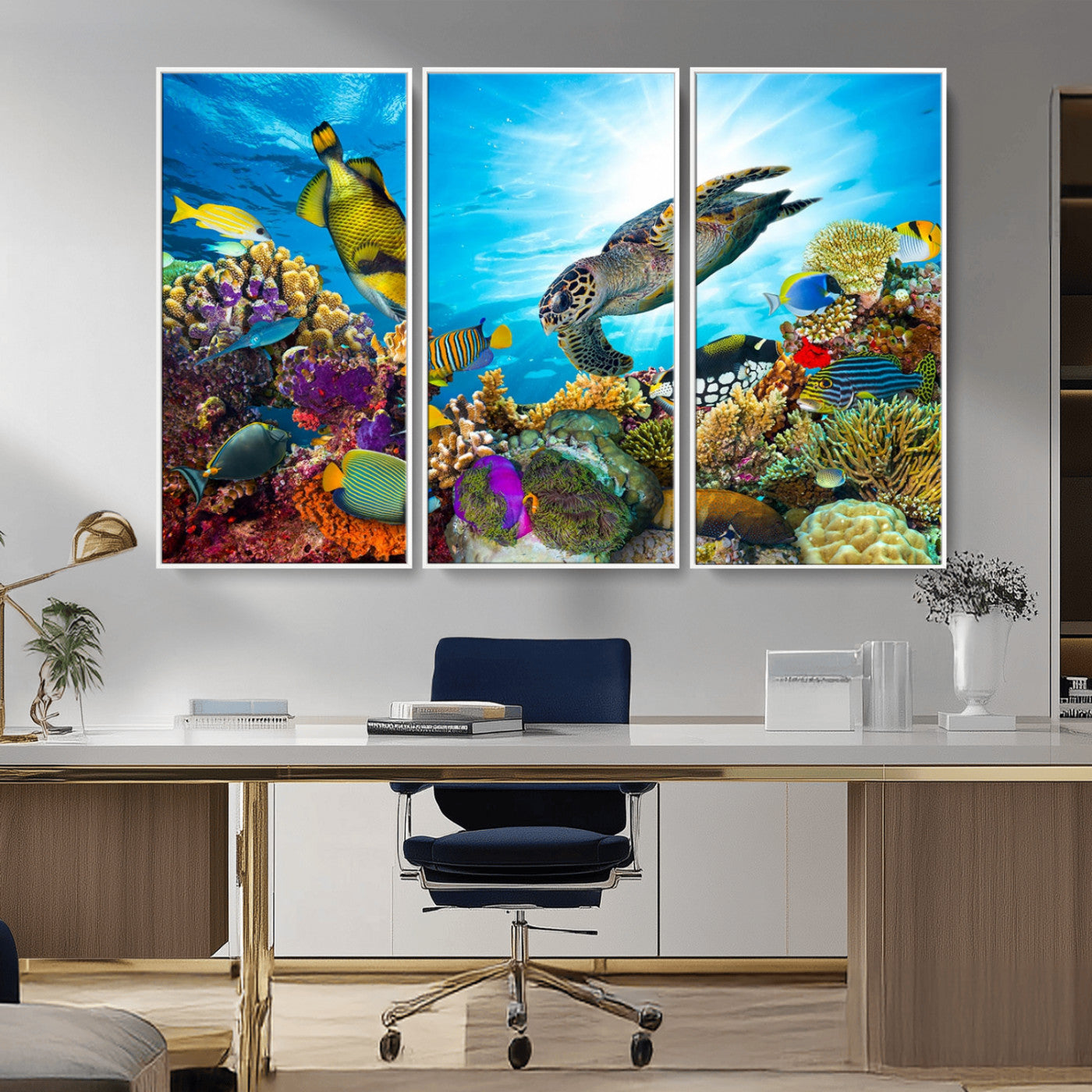 MGV-FC-48X32-3P - Sea Turtle Coral Reef Wall Art Print – Colorful Underwater Canvas Print – Tropical Ocean Marine Life Artwork – Perfect for Coastal Home Decor
