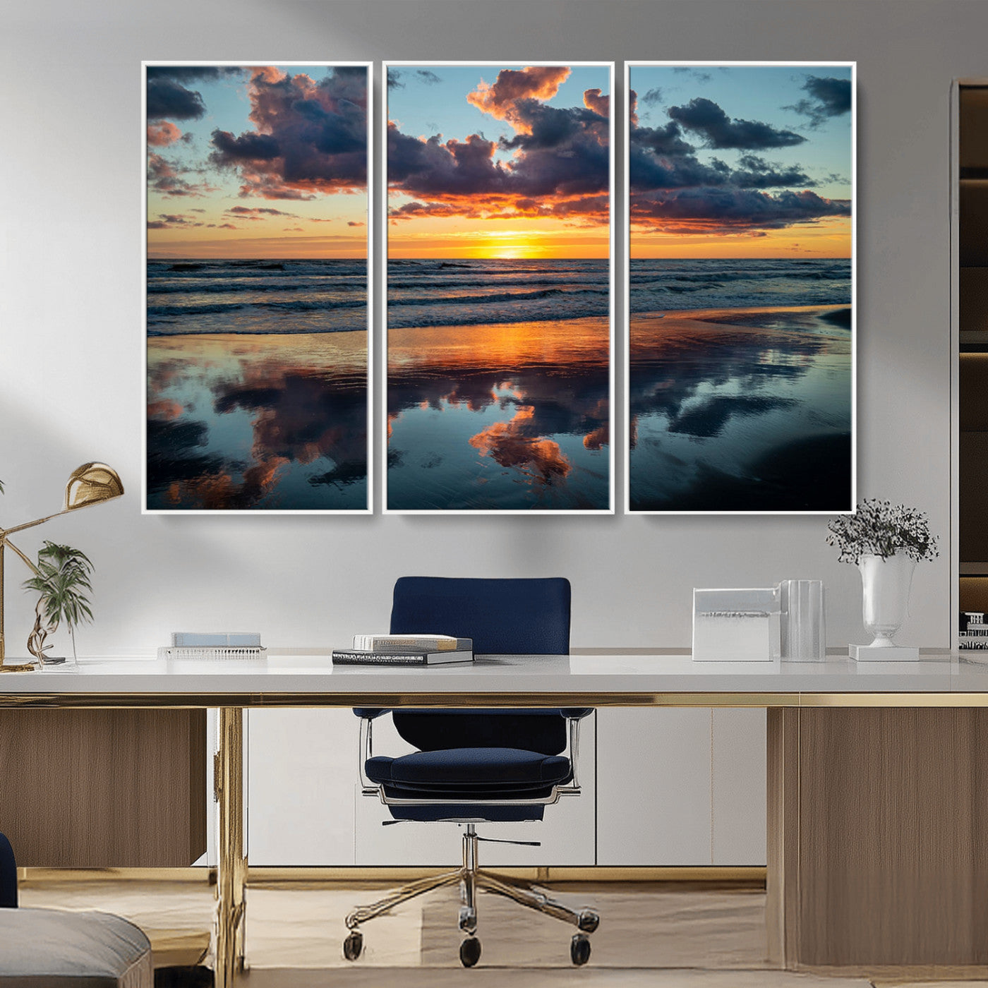 MGV-FC-48X32-3P - Beach Sunset Print - Stunning Ocean Canvas Artwork with Sunset Reflection Design for Elegant Home or