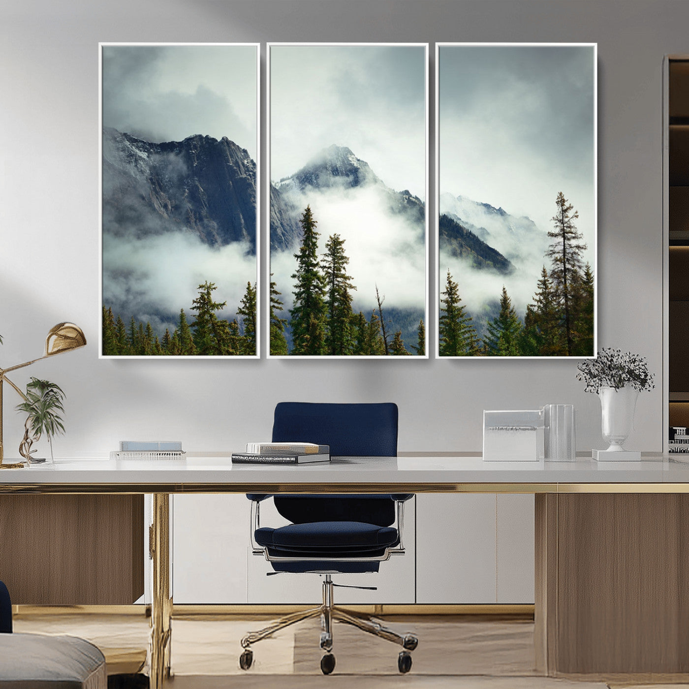 MGV-FC-48X32-3P - Mountain Mist Canvas Wall Art | 3-Panel Foggy Forest and Mountain Landscape | Large Giclee Print for Living Room, Office, or Cabin, Farmhouse Decor