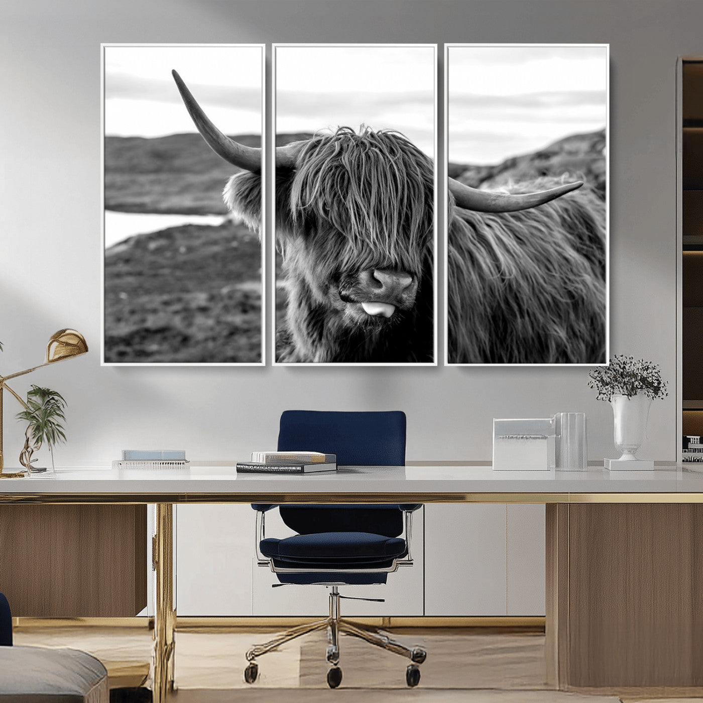 MGV-FC-48X32-3P - Highland Cow Canvas Wall Art – Black and White Animal Portrait – Framed and Ready to Hang Rustic Farmhouse Decor for Living Room or Office