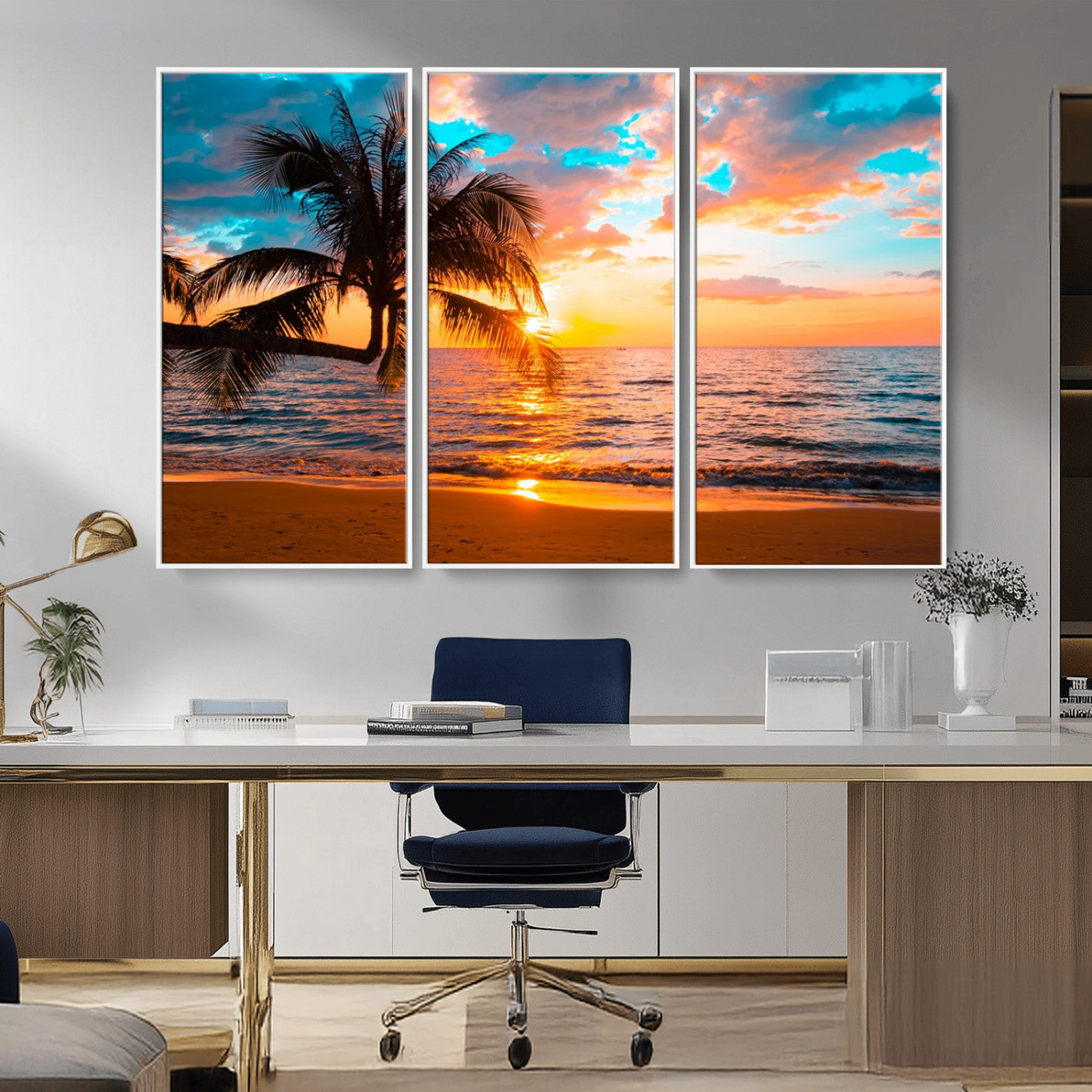 -Palm Tree Sunset On The Beach Wall Art Canvas, Framed Palm Tree Sunset Canvas Print
