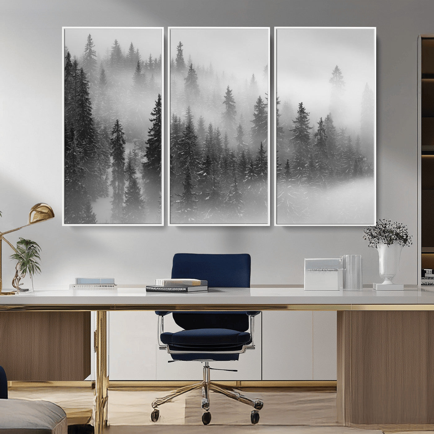 MGV-FC-48X32-3P - Black and White Forest Wall Art Print – Misty Pine Tree Canvas Print – Winter Woodland Nature Artwork – Perfect for Minimalist Home Decor