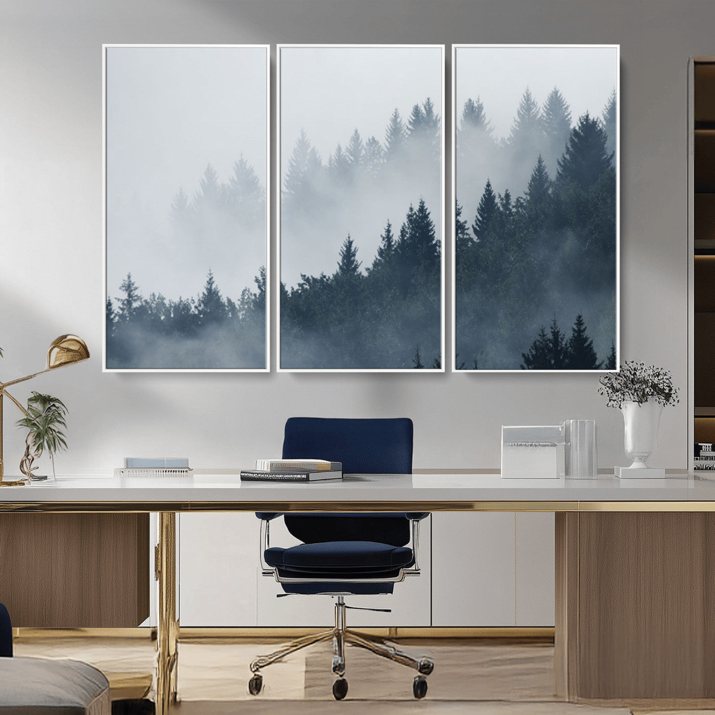 MGV-FC-48X32-3P - Misty Forest Wall Art Print – Foggy Pine Tree Canvas Print – Dark Woodland Nature Artwork – Perfect for Minimalist and Modern Home Decor