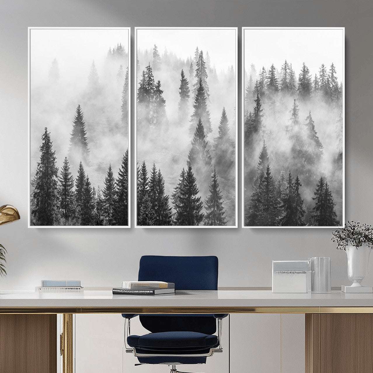 10422-MGV-CV-36X24 - Forest Wall Art Print | Foggy Pine Forest Canvas Wall Art - Black and White Nature Decor for Living