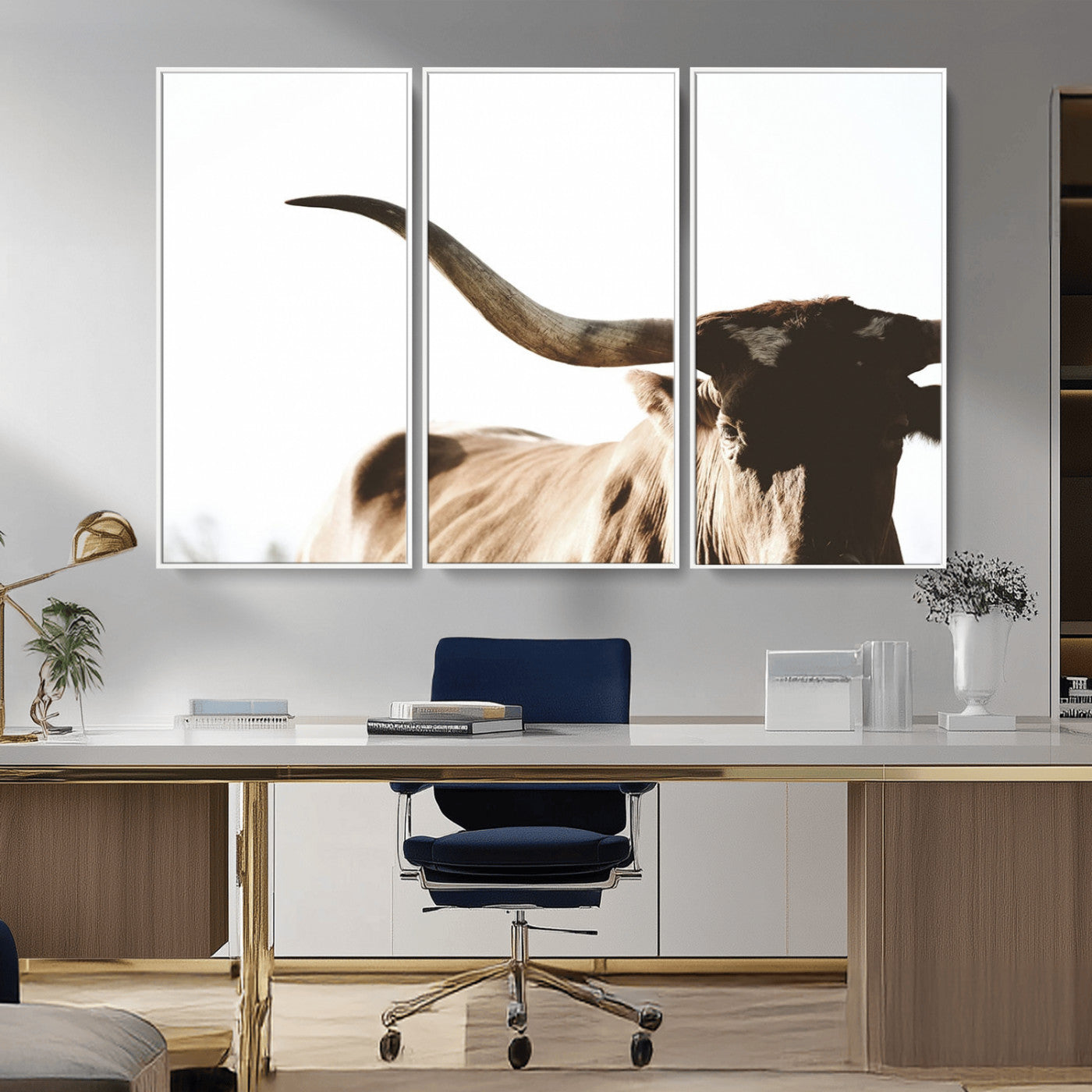 MGV-FC-48X32-3P - Texas Longhorn Wall Art Canvas Print | 3-Panel Large Longhorn Canvas Print for Living Room, Framed Gallery Wrap Office, Rustic Western Cowboy Decor