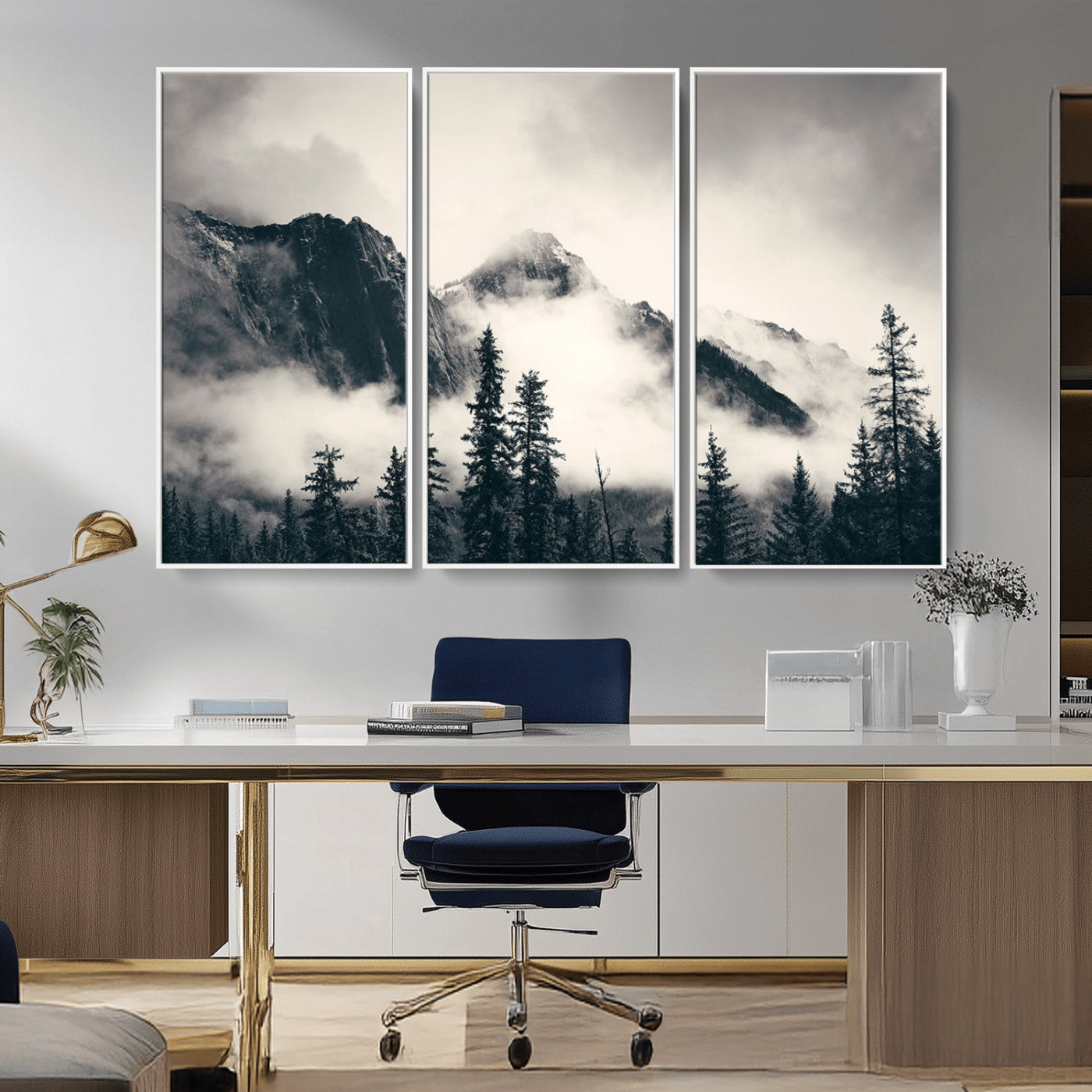 MGV-FC-48X32-3P - Large Foggy Mountain Forest Wall Art Canvas Print | Misty Mountain Peaks and Pine Trees Print | Framed Gallery Wrap | Rustic Nature Farmhouse Decor
