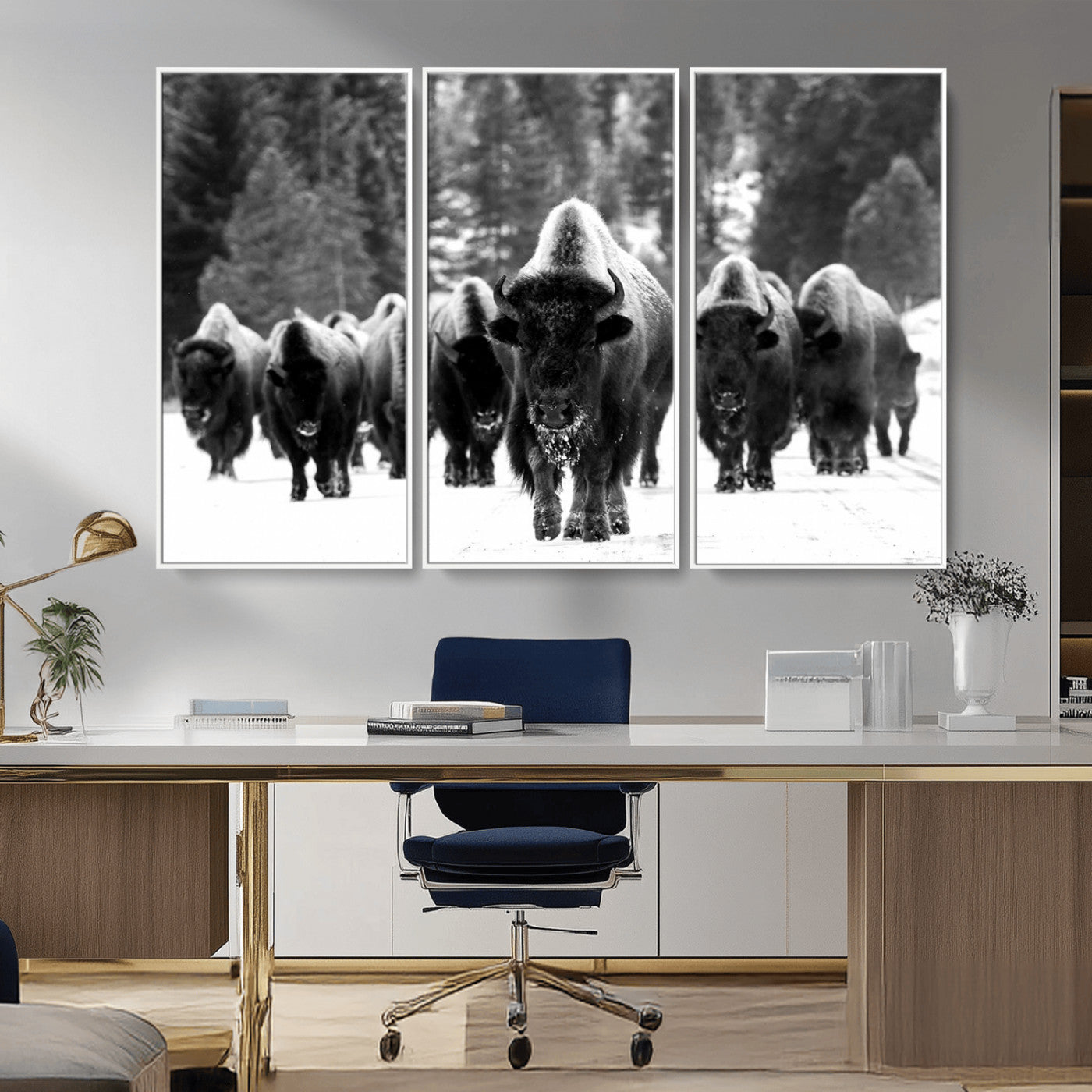 MGV-FC-48X32-3P - Bison Herd in Snow Wall Art Canvas Print | Rustic Western Bison Wall Art for Decor for Living Room, Office, and Farmhouse Decor | Framed Large Bison Giclee Canvas Print