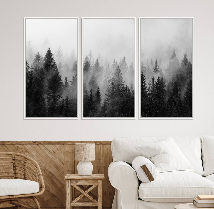 Fogy Forest Canvas Art features misty pines and a mountain landscape.