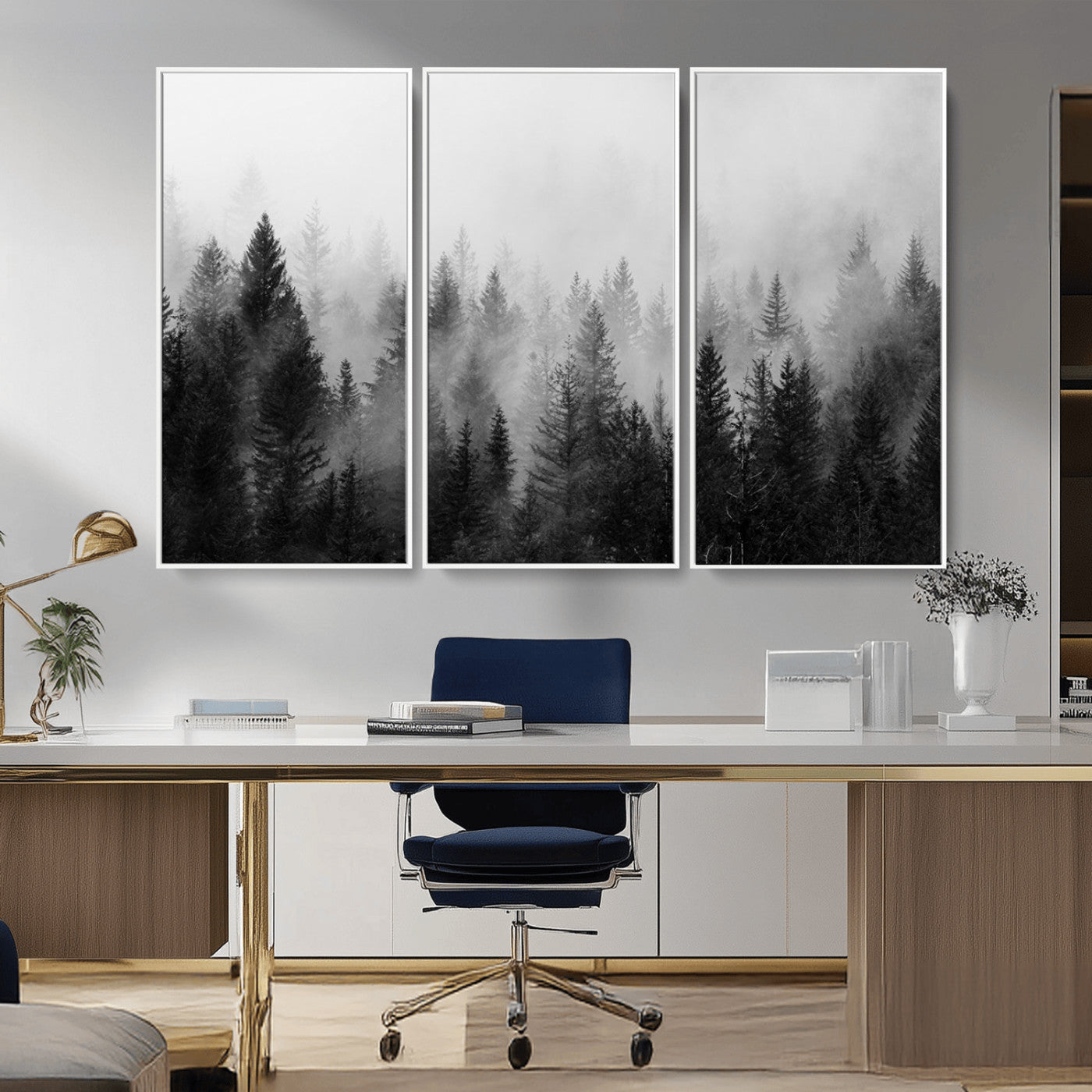 MGV-FC-48X32-3P - Foggy Black and White Forest Wall Art, 3 Panel Misty Pine Trees Canvas Print for Living Room, Office, or Bedroom, Nature-Inspired Woodland Wall Decor