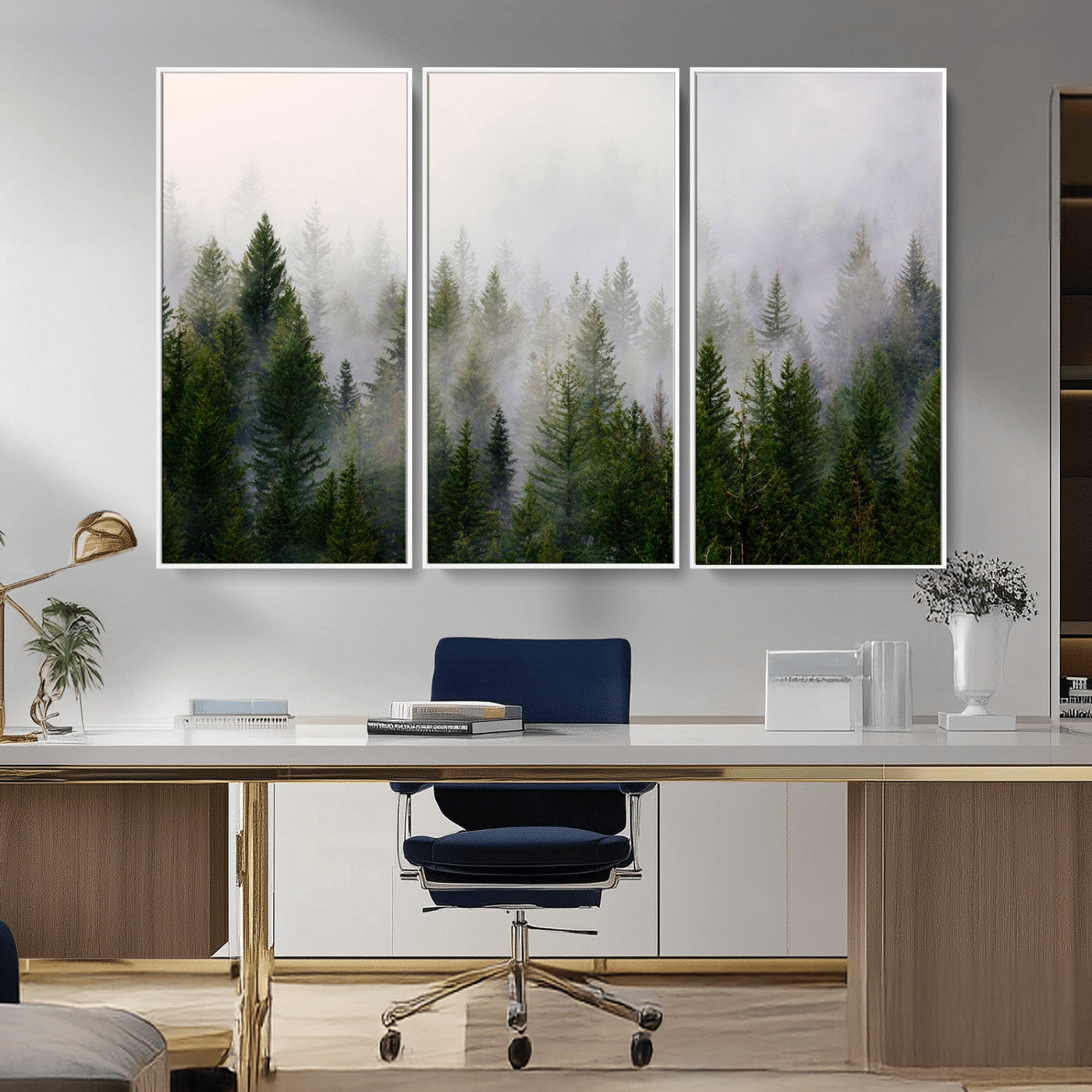 MGV-FC-48X32-3P - Misty Pine Forest Wall Art Canvas Print | 3 Panel Green Woodland Canvas Print for Living Room, Office, or Dining Room | Nature Foggy Forest Decor