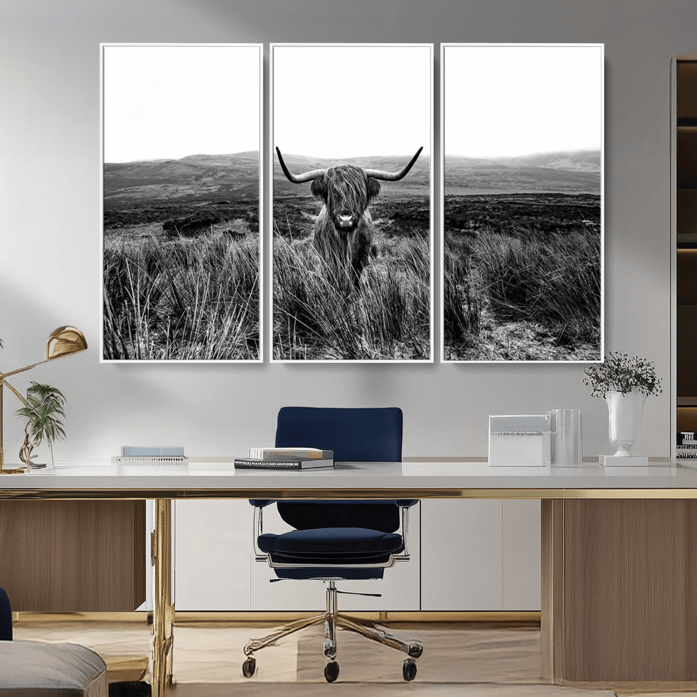 MGV-FC-48X32-3P - Black and White Highland Cow Canvas Wall Art, Longhorn Triptych Western Wall Decor for Cabin -