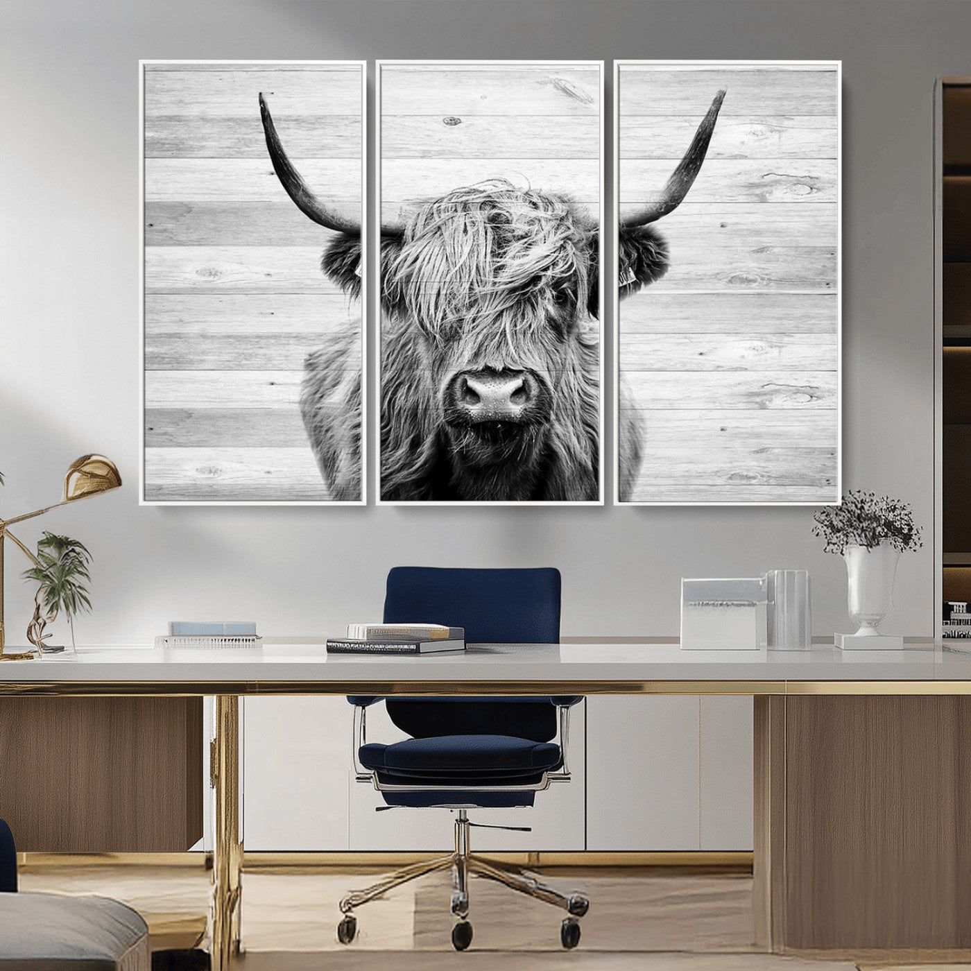 MGV-FC-48X32-3P - Scottish Highland Cow Cattle Art Print on Wood Background Style