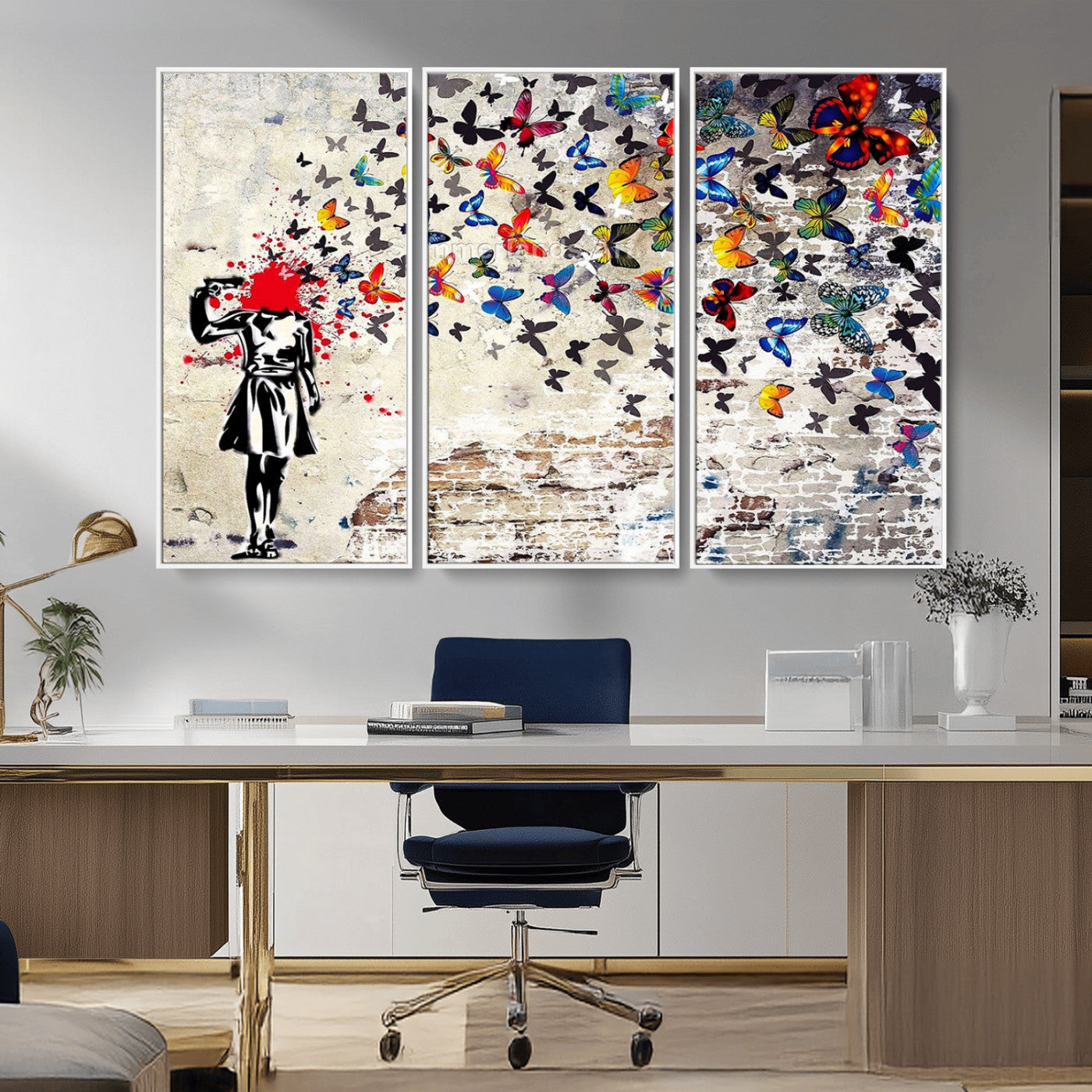 MGV-FC-48X32-3P - Banksy Art Butterfly Girl Explosion Canvas Art – Vibrant Urban Graffiti for Modern Interiors - Ready to Hang