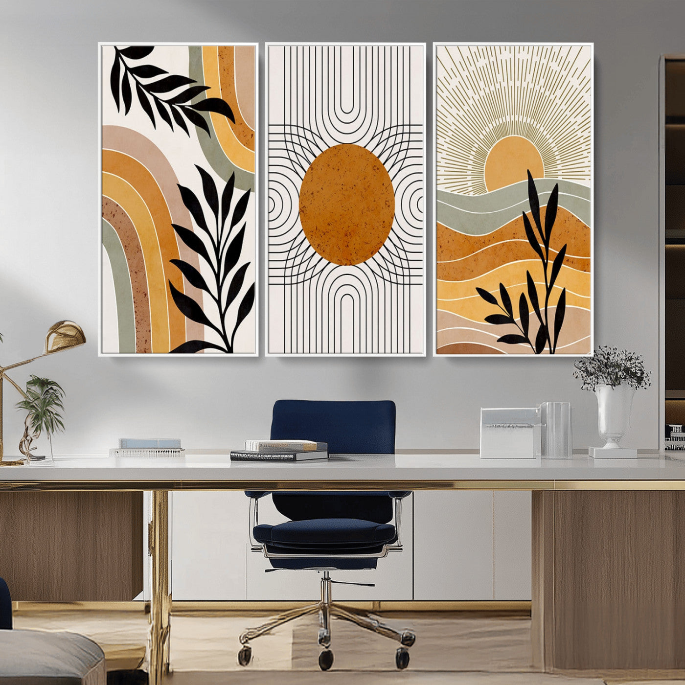 MGV-FC-48X32-3P - Modern Boho Sun and Leaf Abstract Art – 3-Panel Giclée Canvas for Mid-Century Modern or Bohemian