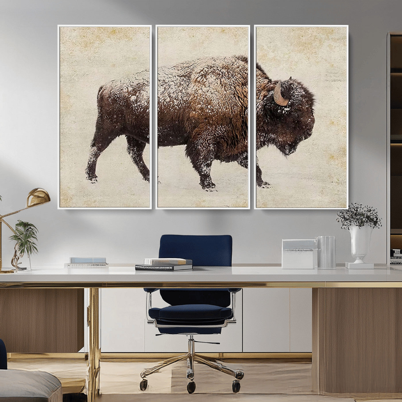 MGV-FC-48X32-3P - Buffalo Wall Art, Western Bison Canvas Print, Rustic Buffalo Art for Cowboy Western Decor, Large Multi-Panel Giclee Canvas for Farmhouse Wall Decor