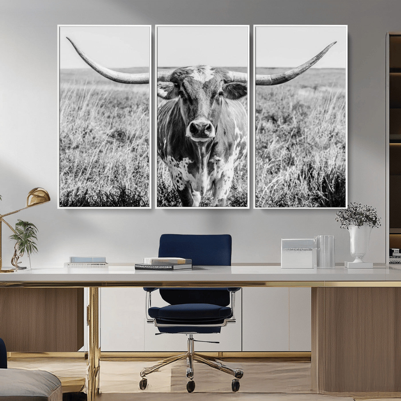 MGV-FC-48X32-3P - Texas Cow Longhorn Wall Art Canvas Print for Farm House Wall Decor, Farmhouse Wall Art Print