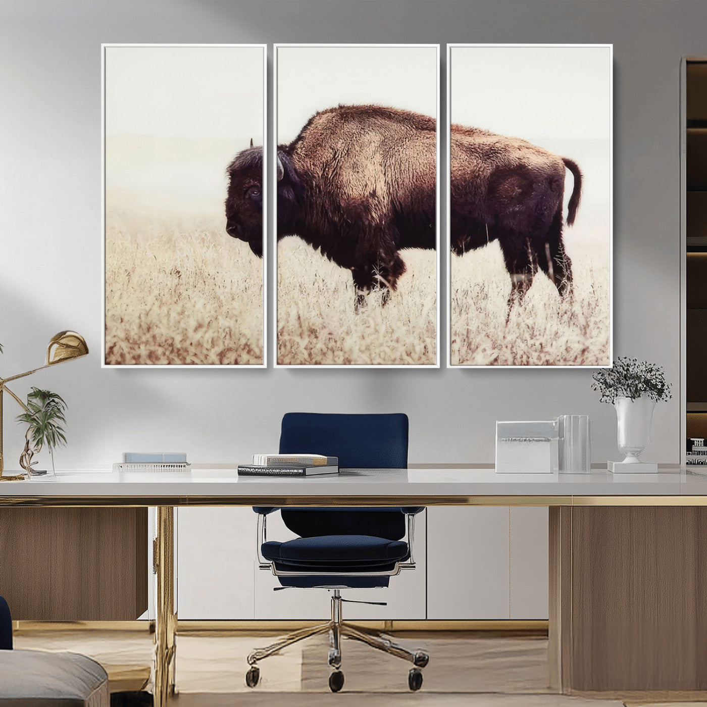 MGV-FC-48X32-3P - Bison in Field Wall Art Canvas Print For Farmhouse Barn Decor