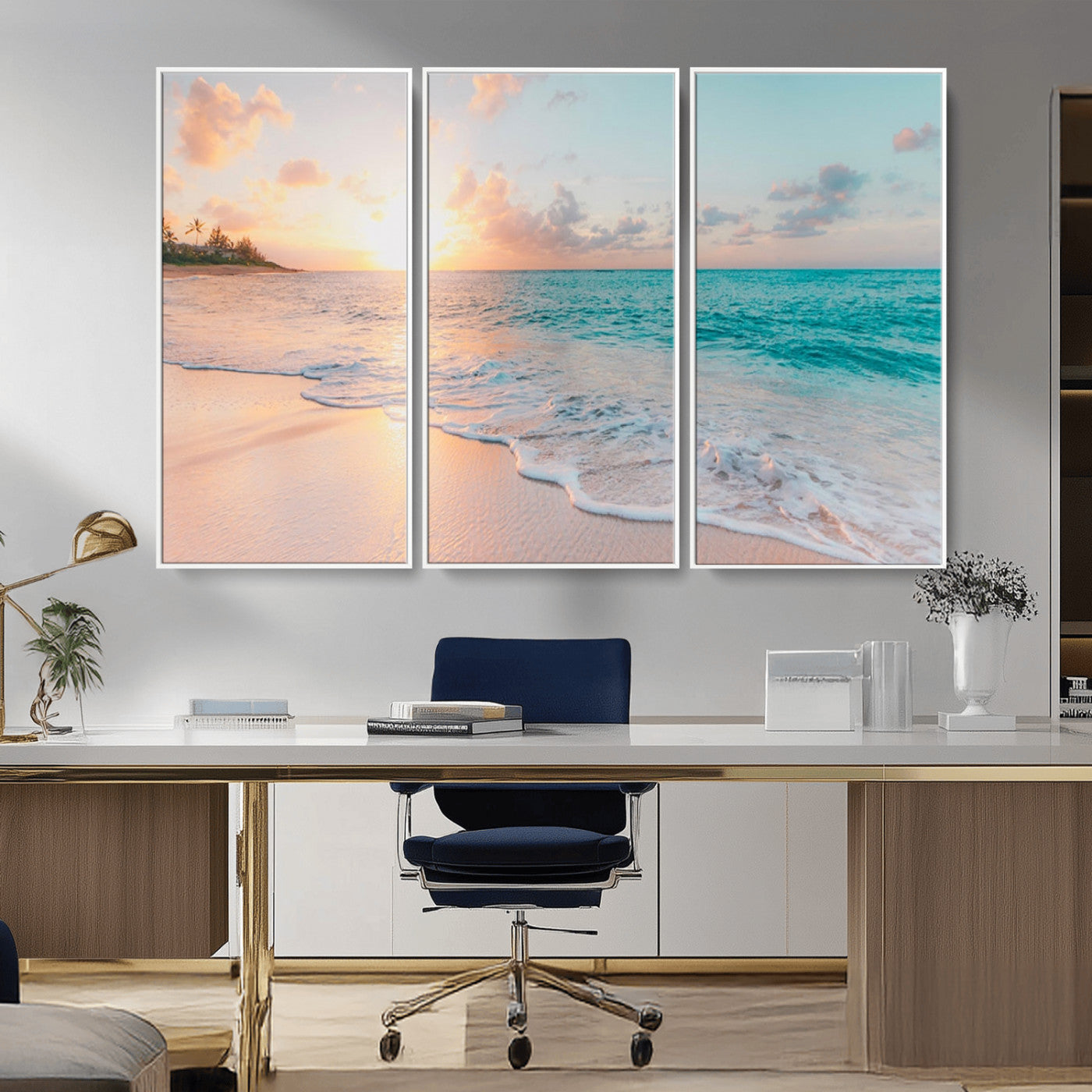 MGV-FC-48X32-3P - Beach Sunrise Wall Art, Coastal Seascape Canvas Print, Ocean Wave Multi-Panel Giclee, Coastal Sunset Beach Scene for Modern Decor