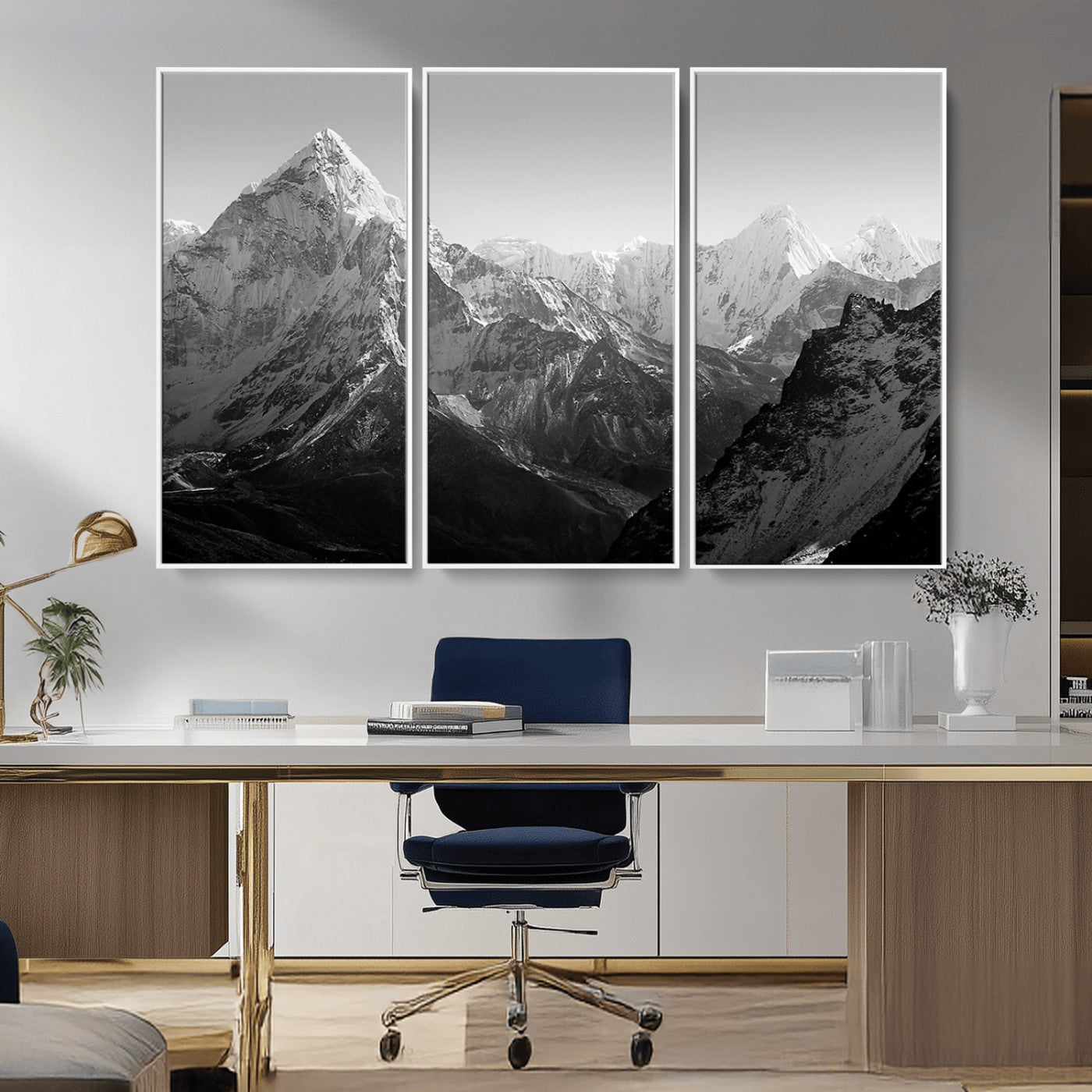 MGV-FC-48X32-3P - Everest Himalaya Mountain Peaks Black & White Triptych Canvas Art – Mountain Wall Decor for Minimalist Interiors