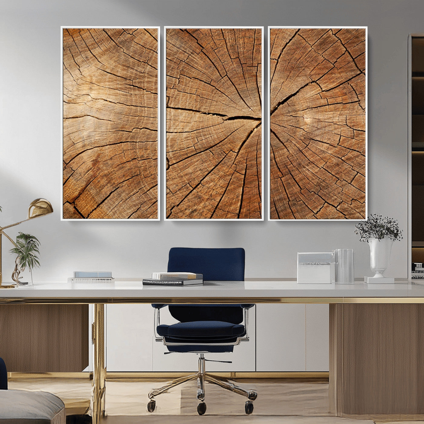MGV-FC-48X32-3P - Tree Ring Canvas Art, Rustic Wood Grain Wall Art, Tree Slice Decor for Modern Homes, Giclee Multi-Panel Print, Tree Ring Wall Art Set