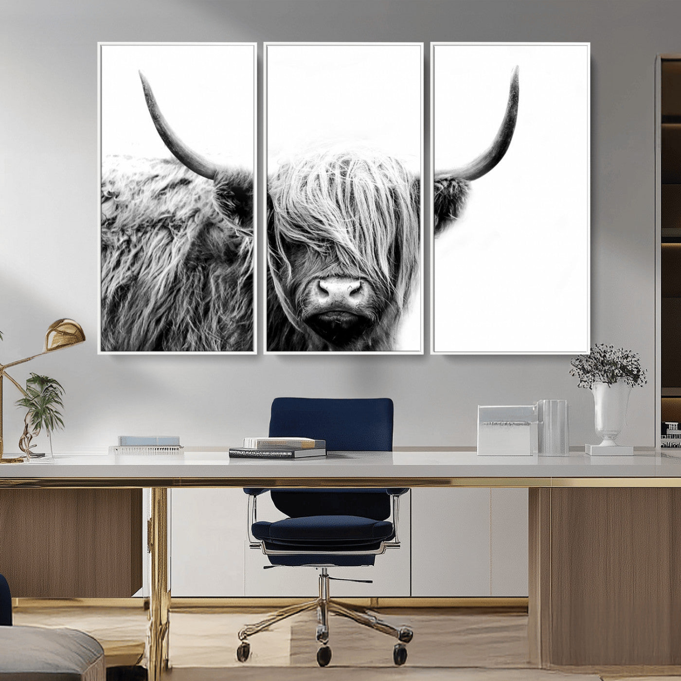 MGV-FC-48X32-3P - Black White Scottish Highland Cow Cattle Art Print Farmhouse Wall Art Canvas Print