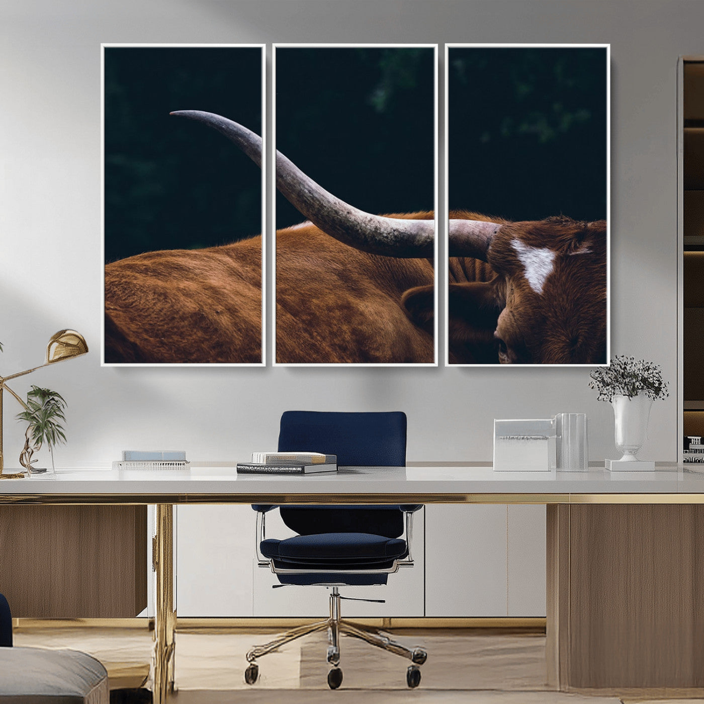 MGV-FC-48X32-3P - Texas Longhorn Bull Wall Art Canvas Print - Large Framed Canvas Wall Art, Animal Print for Rustic Home or Office Décor, Farmhouse Cabin Wall Decor
