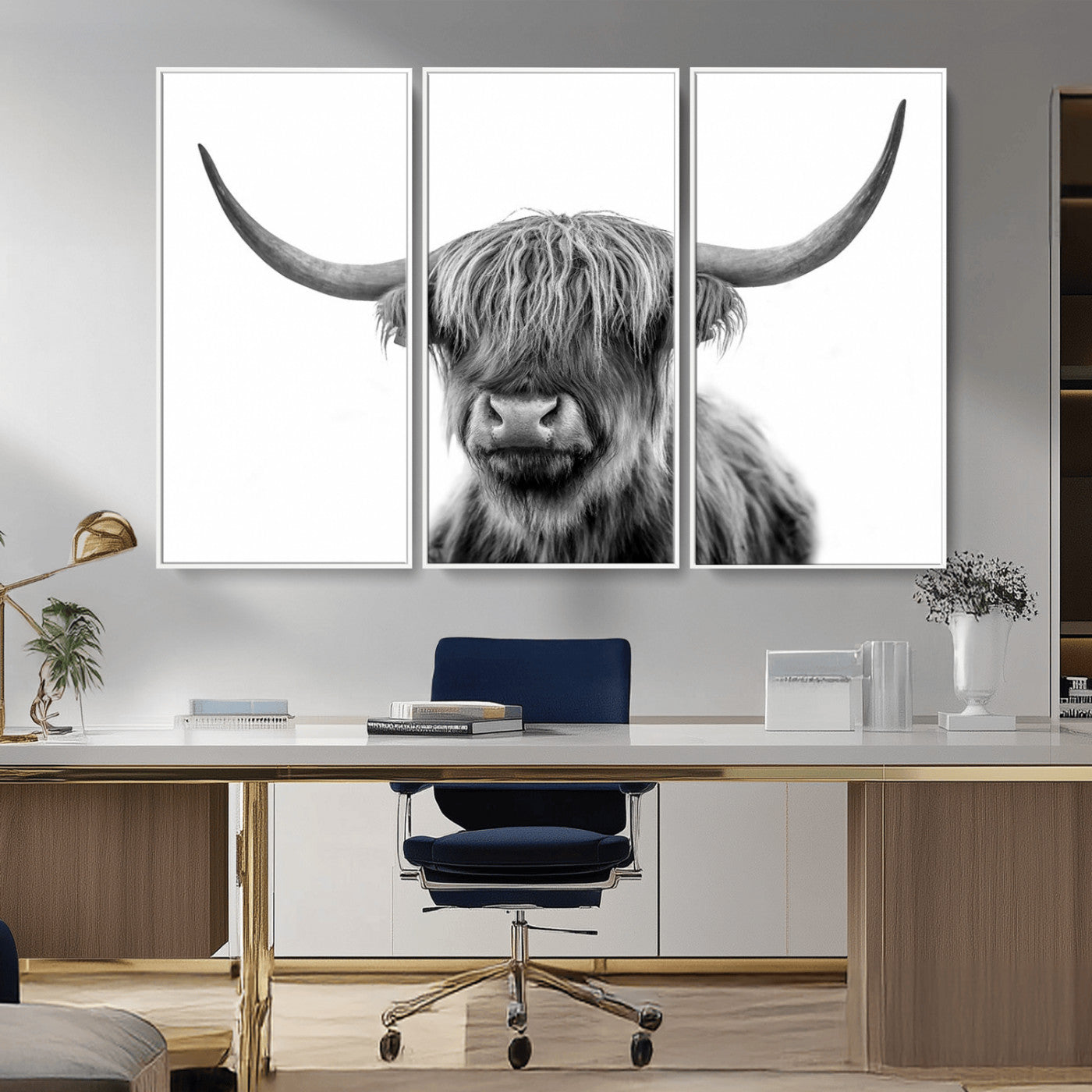 MGV-FC-48X32-3P - Grayscale Scottish Highland Cow Cattle Art Print Farmhouse Wall Art Canvas Print